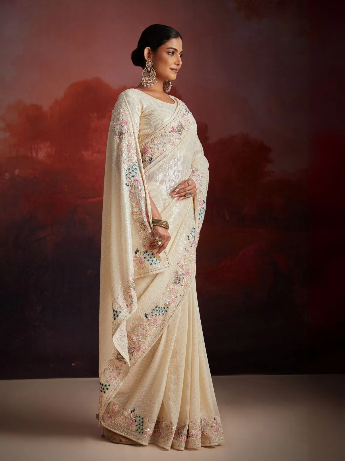 Odette White Georgette Embellished Saree For Women - Image 2