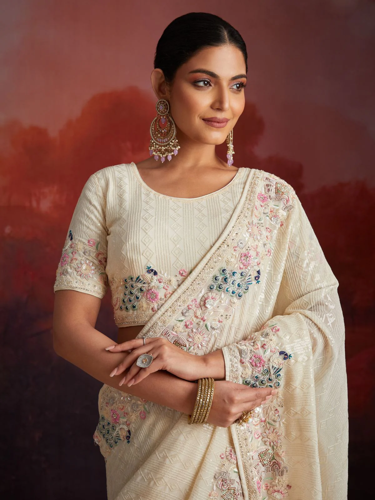 Odette White Georgette Embellished Saree For Women - Image 3