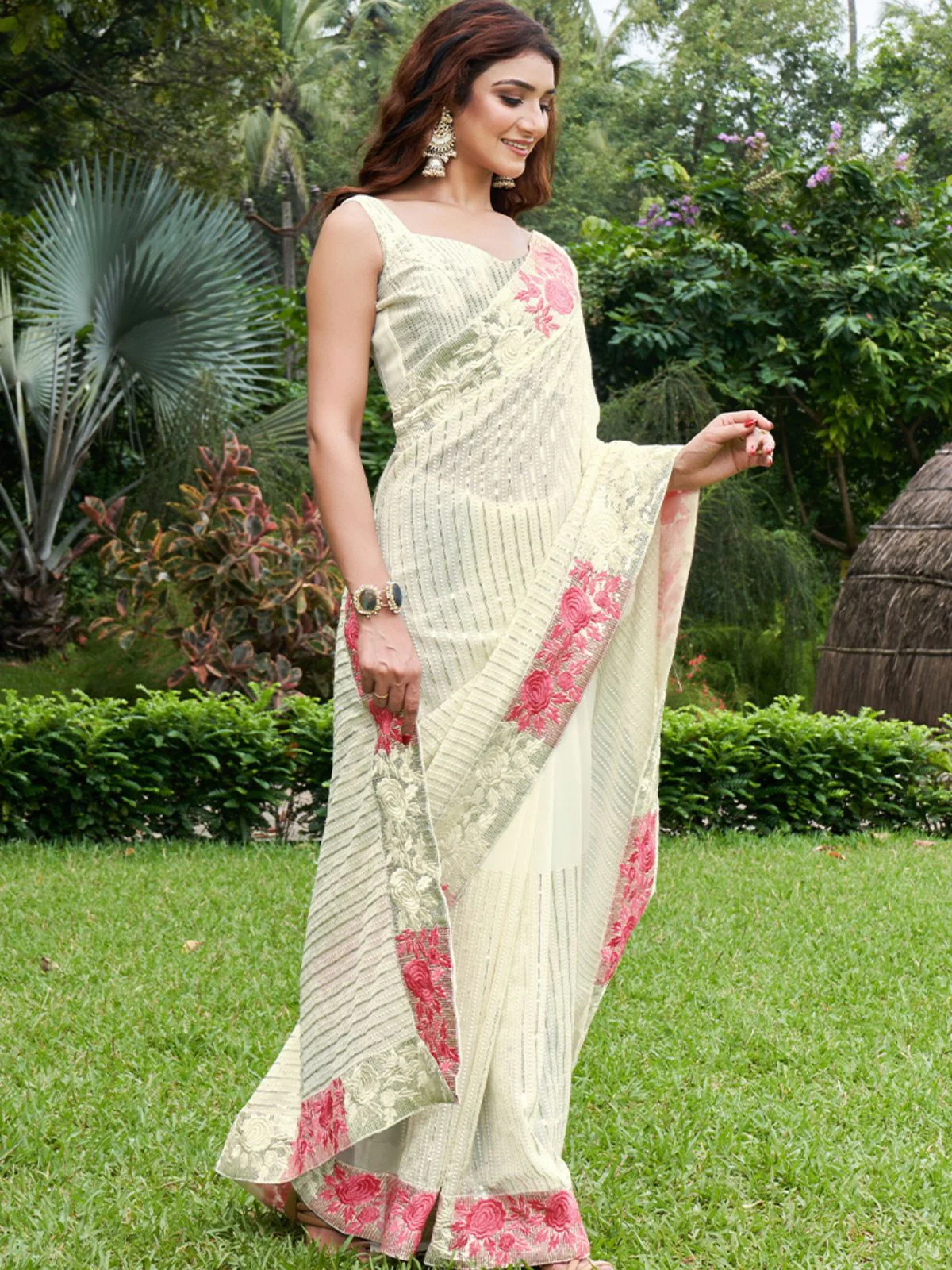 Odette White Georgette Embellished Saree with Unstitched Blouse for Women - Image 3