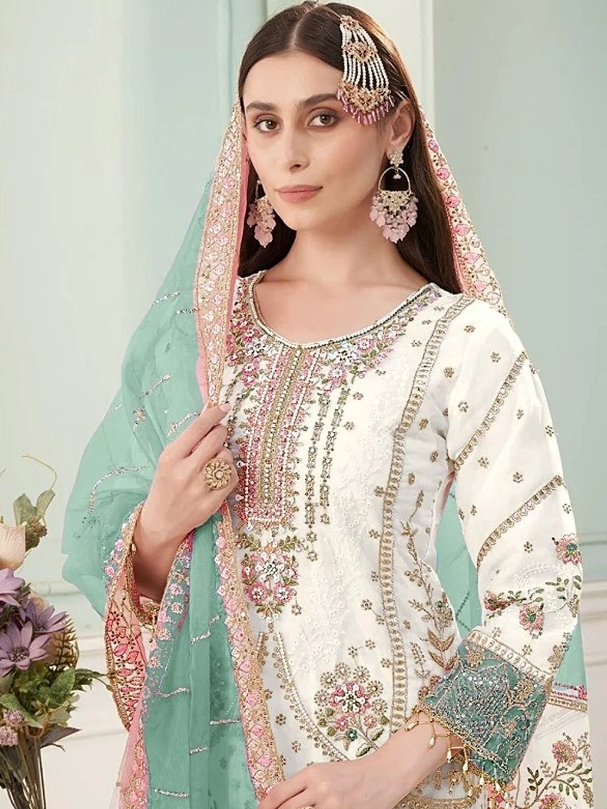 Odette White Georgette Embellished Semi Stitched Kurta Set For Women - Image 2