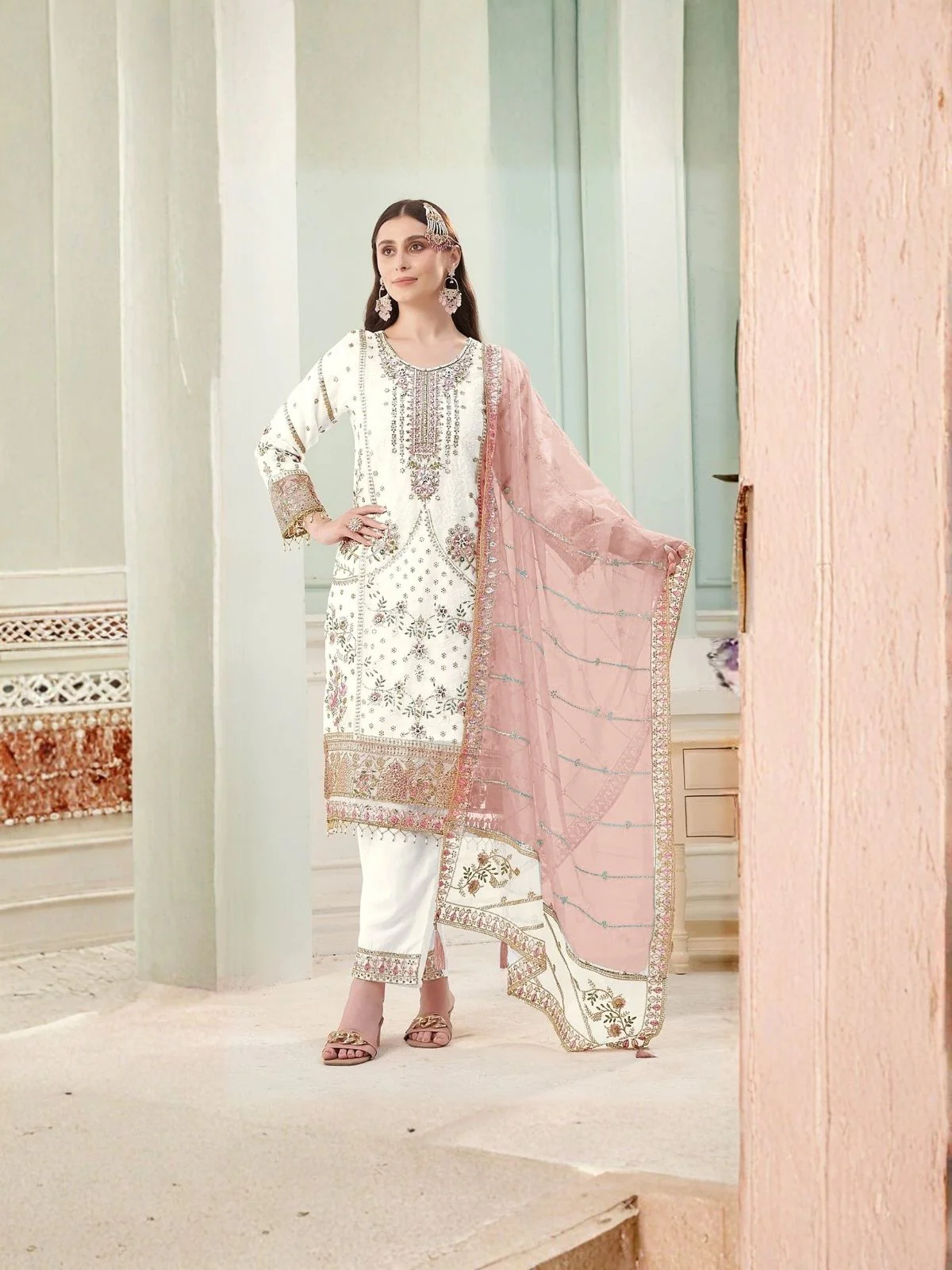 Odette White Georgette Embellished Semi Stitched Kurta Set For Women