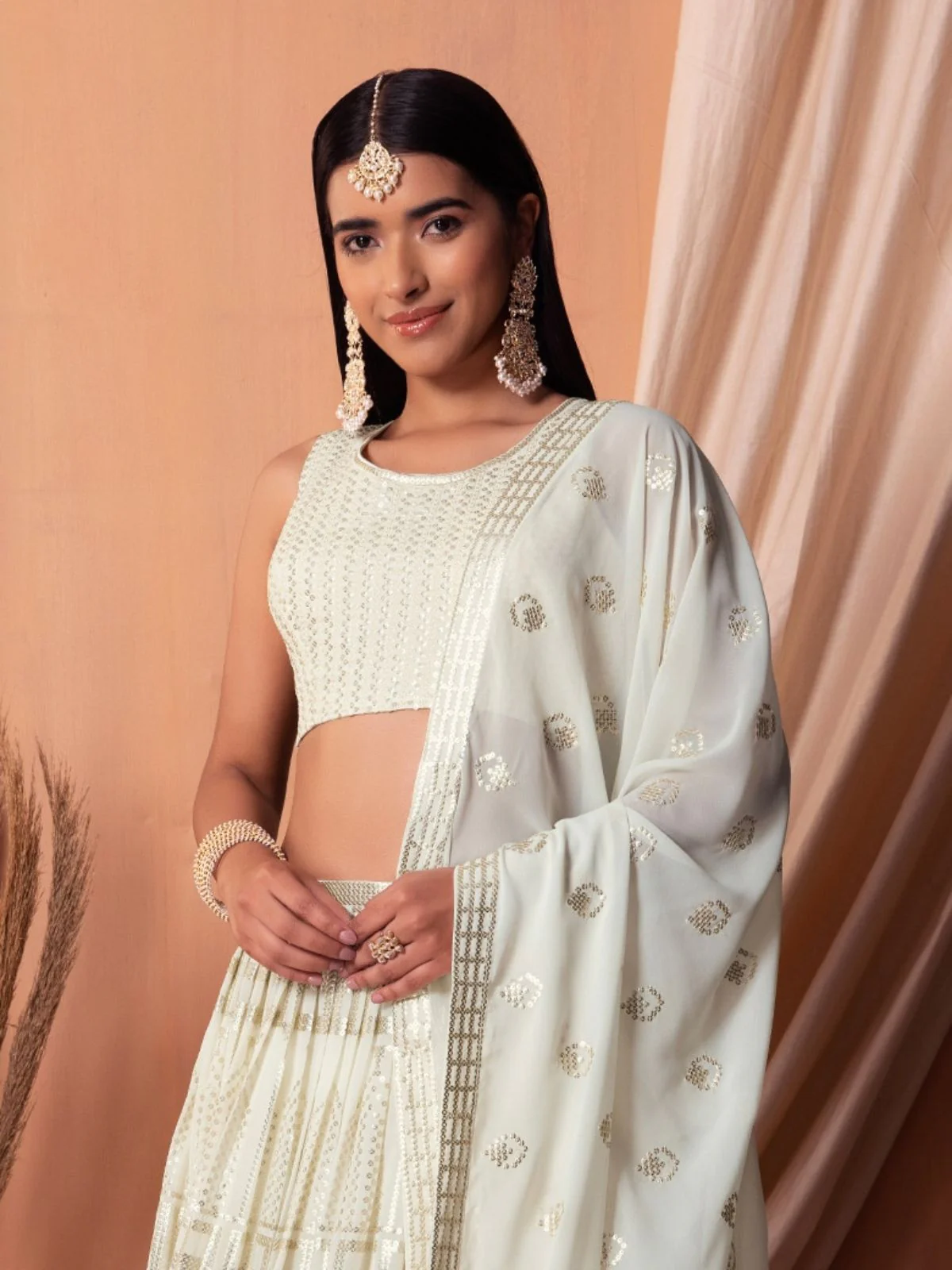 Odette White Georgette Embellished Semi-Stitched Lehenga For Women - Image 2