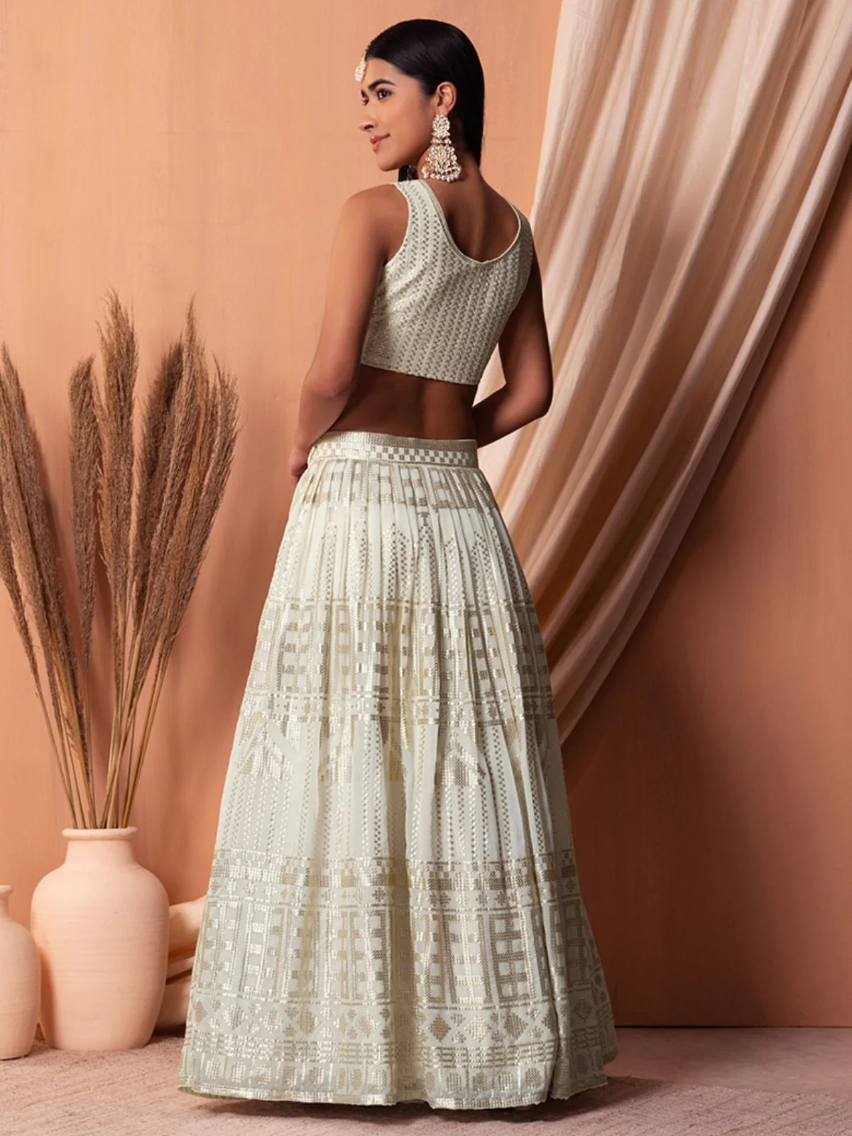 Odette White Georgette Embellished Semi-Stitched Lehenga For Women - Image 3