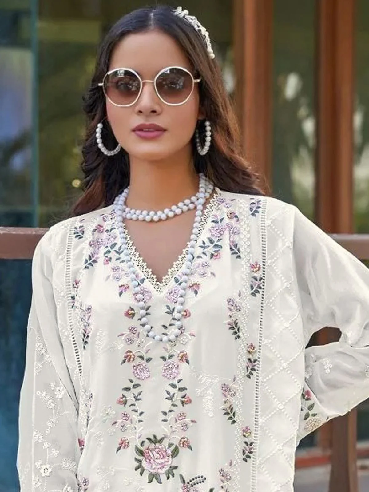 Odette White Georgette Embellished Semi-Stitched Kurta Set For Women - Image 2
