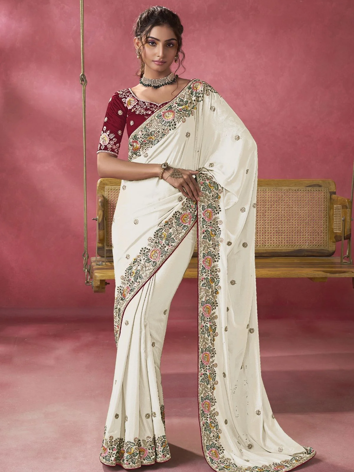 Odette White Georgette Embroidered Elegant Saree For Women