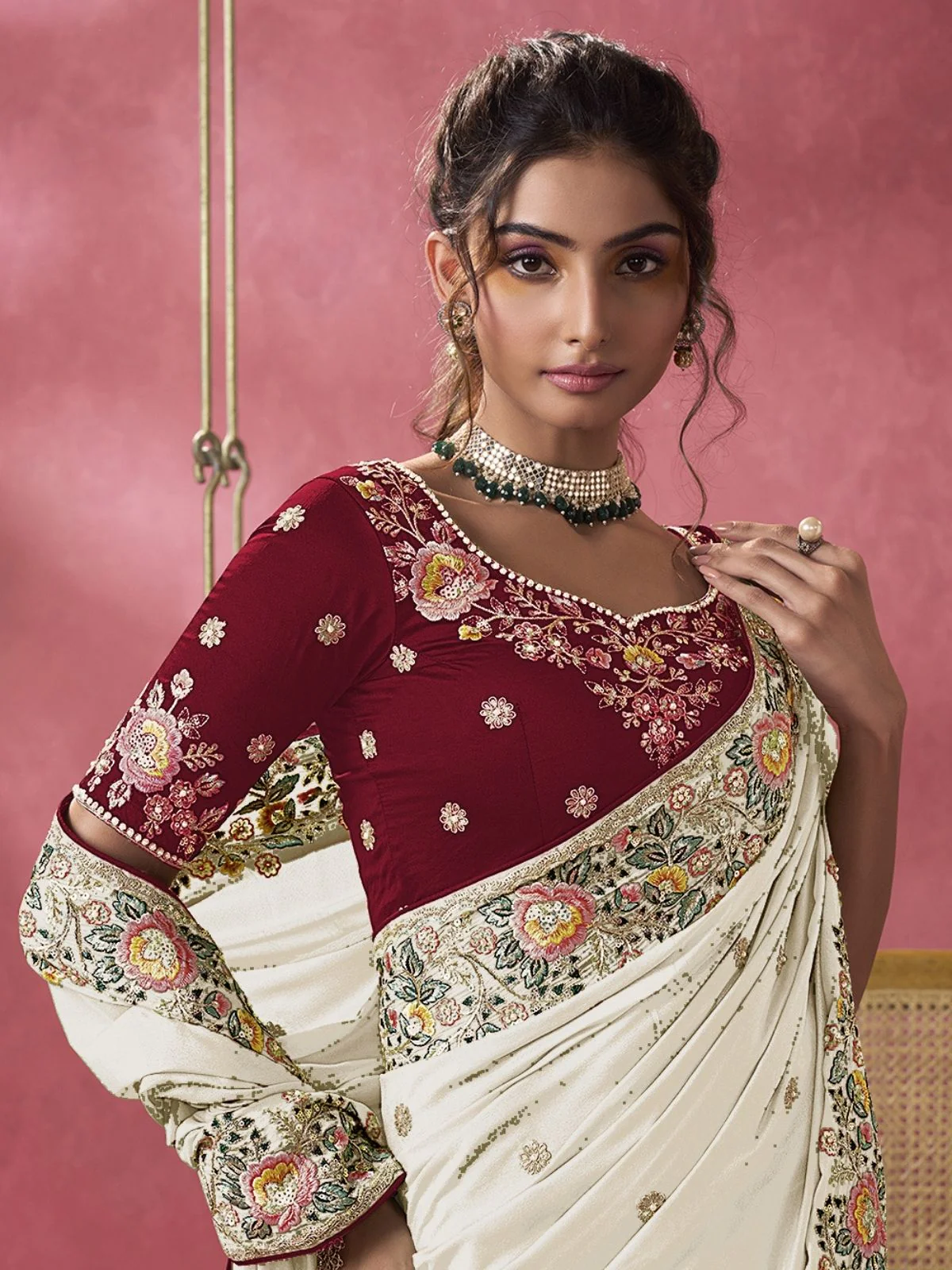Odette White Georgette Embroidered Elegant Saree For Women - Image 2