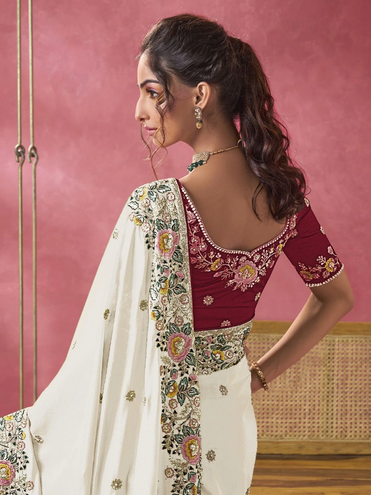 Odette White Georgette Embroidered Elegant Saree For Women - Image 3