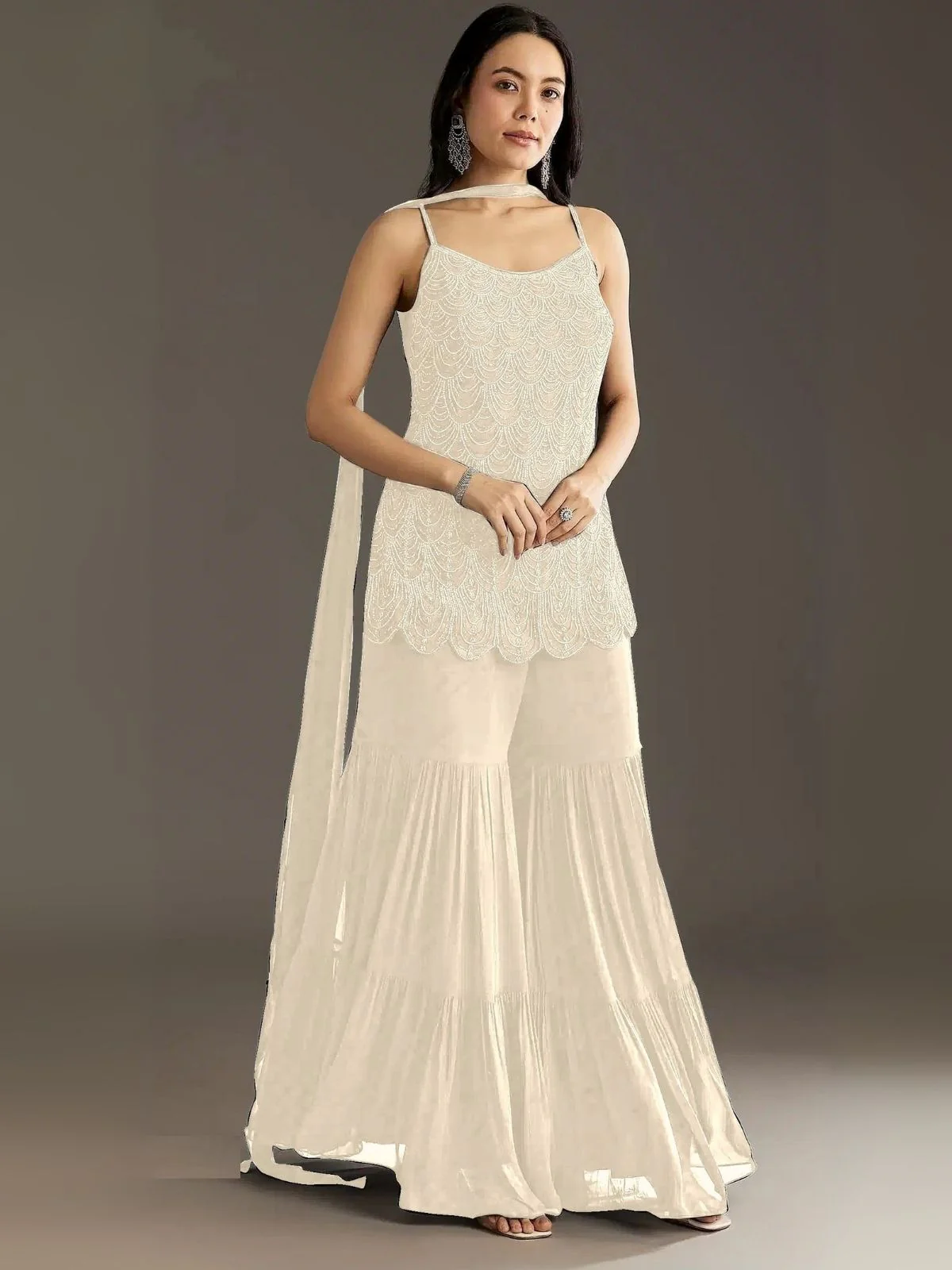 Odette White Georgette Embroidered Semi-Sitched Kurta Set For Women