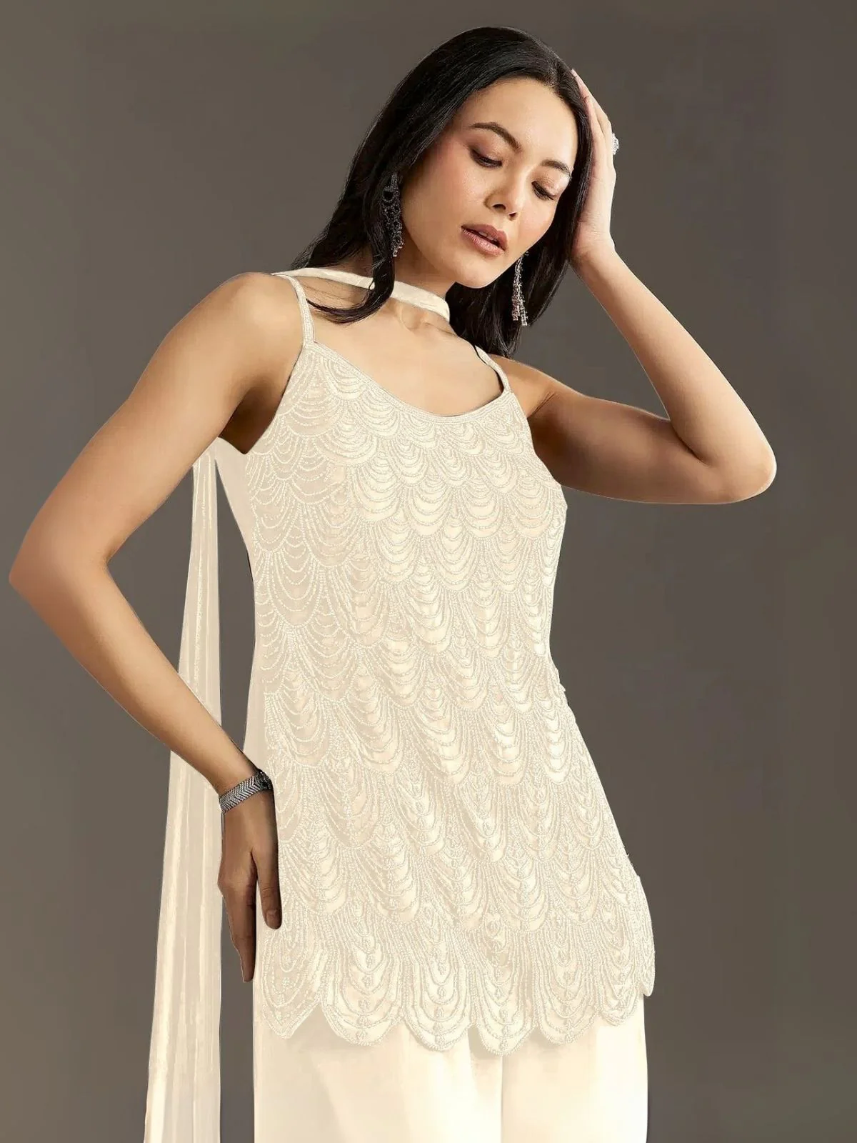 Odette White Georgette Embroidered Semi-Sitched Kurta Set For Women - Image 2
