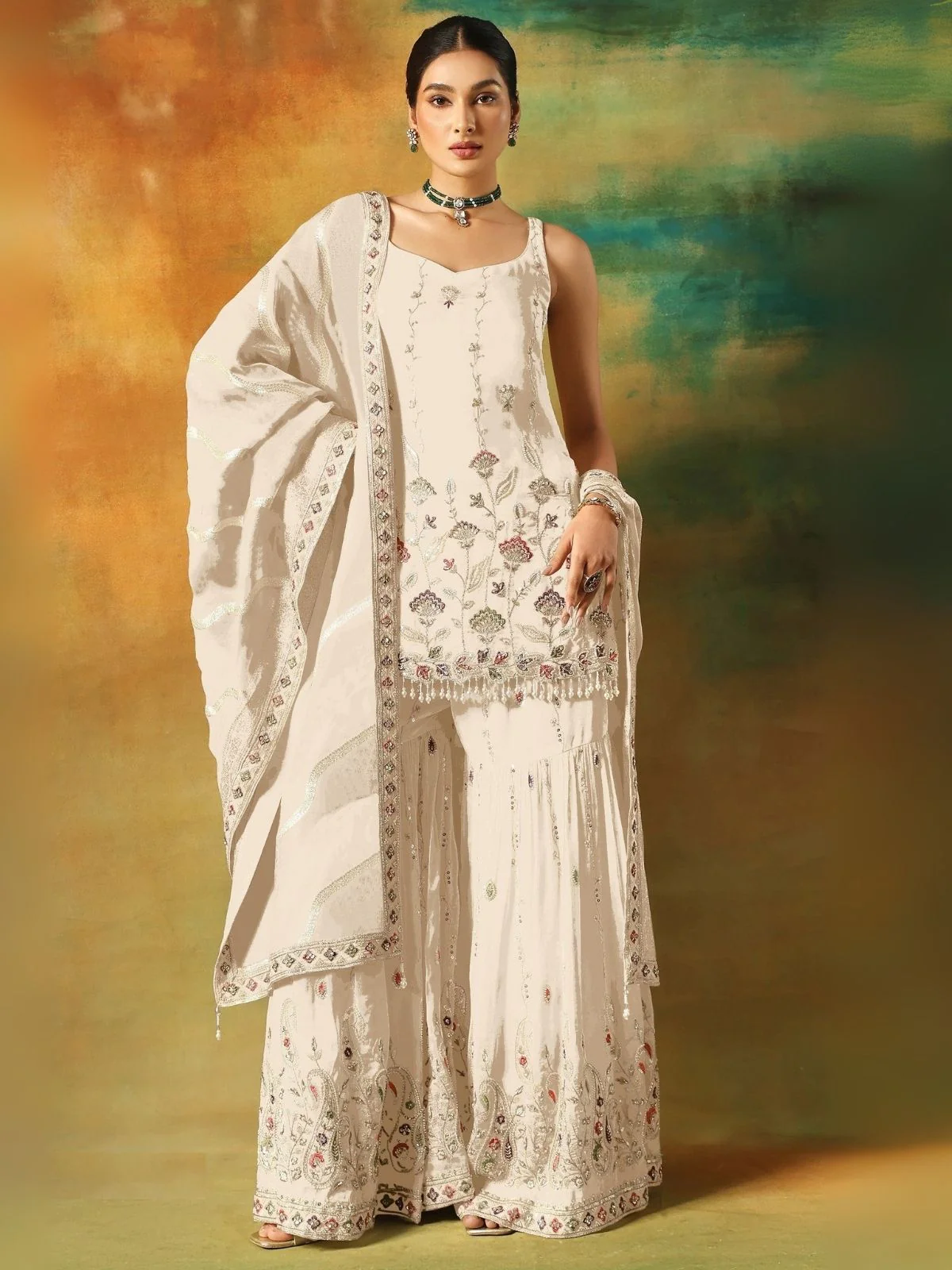 Odette White Georgette Embroidered Semi-Sitched Kurta Set For Women