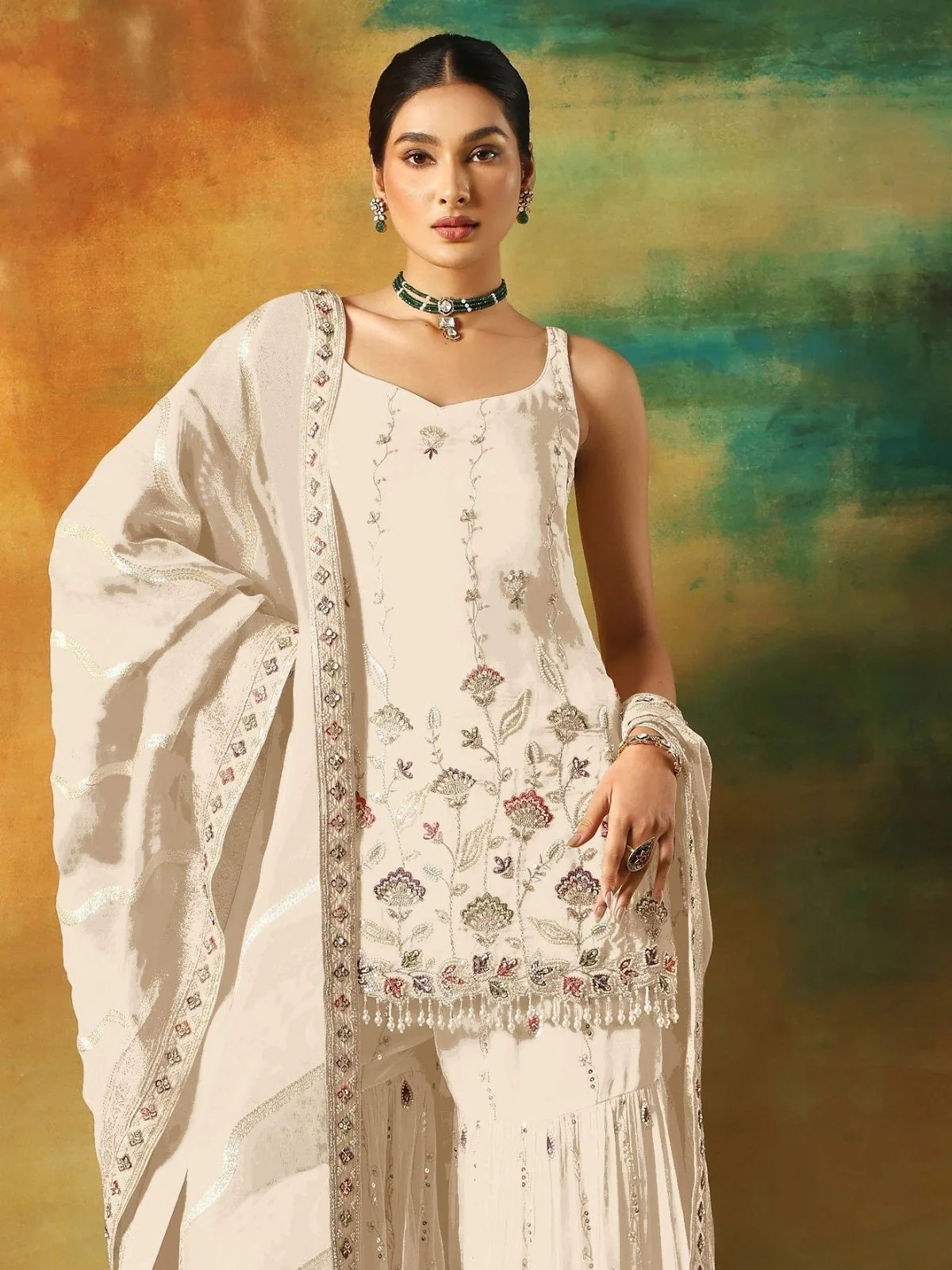 Odette White Georgette Embroidered Semi-Sitched Kurta Set For Women - Image 2