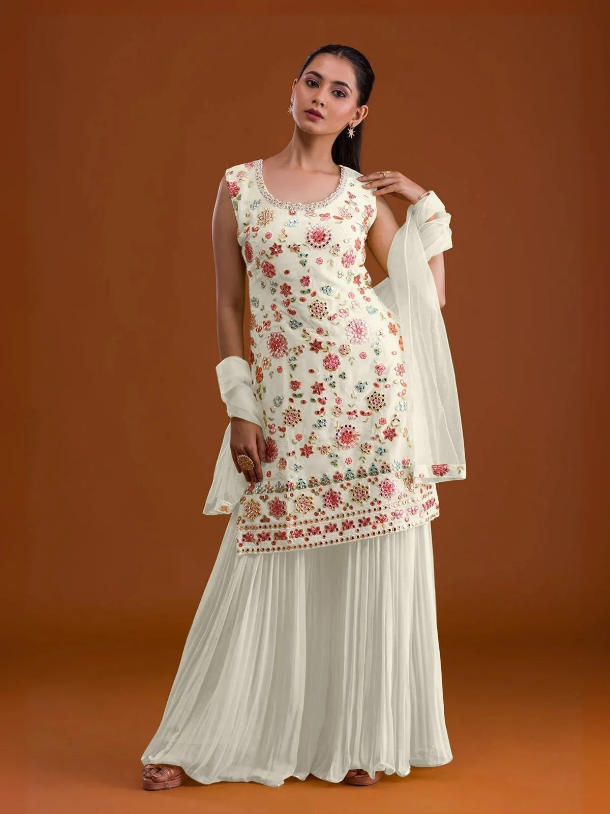 Odette White Georgette Embroidered Semi-Sitched Kurta Set For Women