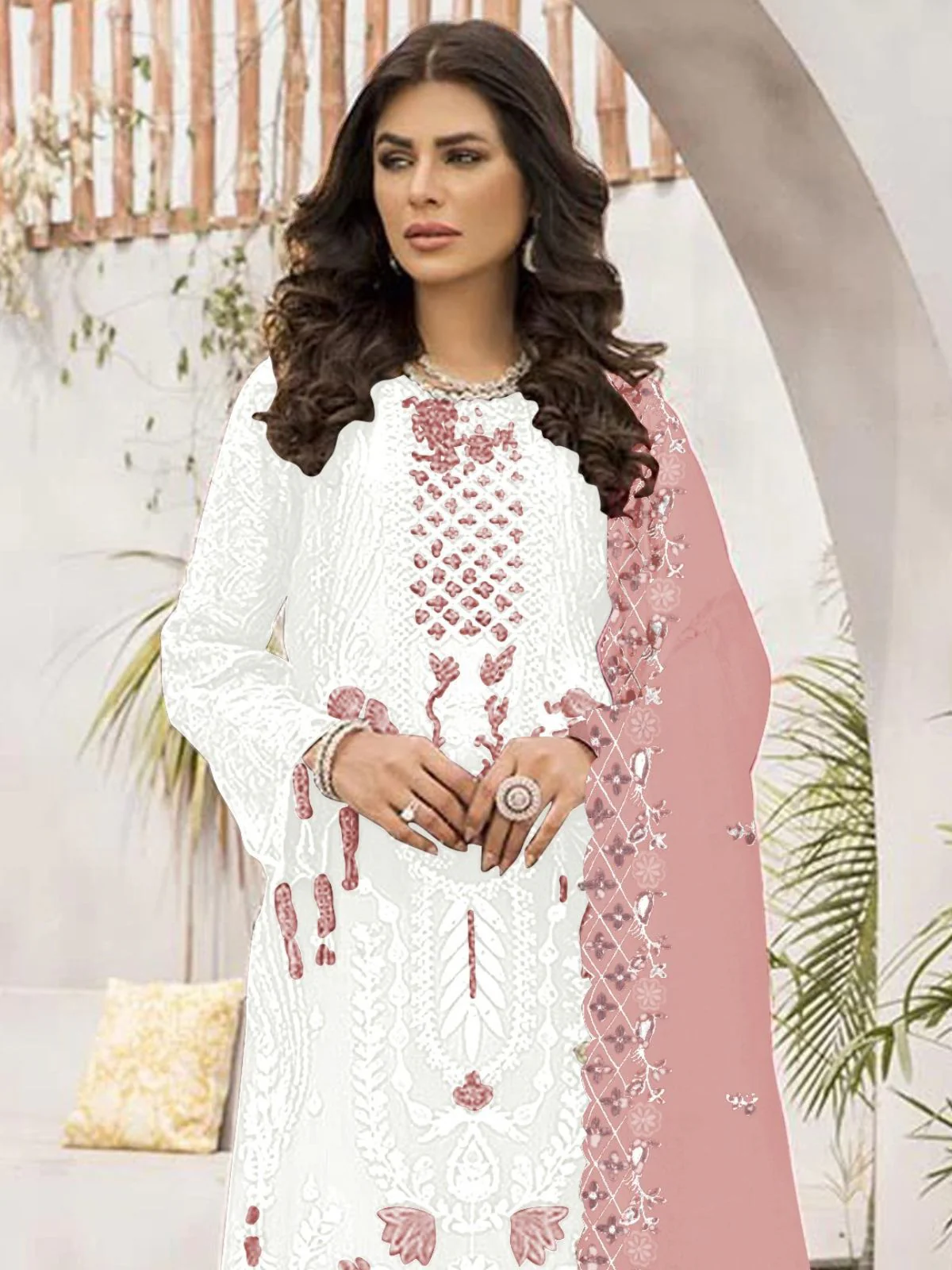 Odette White Georgette Embroidered Semi-Stitched Kurta Set For Women - Image 2