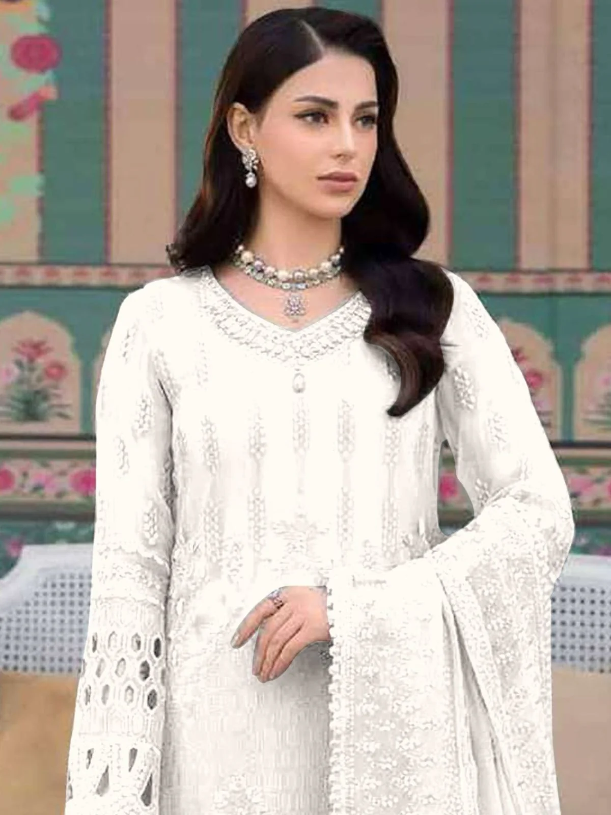 Odette White Georgette Embroidered Semi-Stitched Kurta Set For Women - Image 2