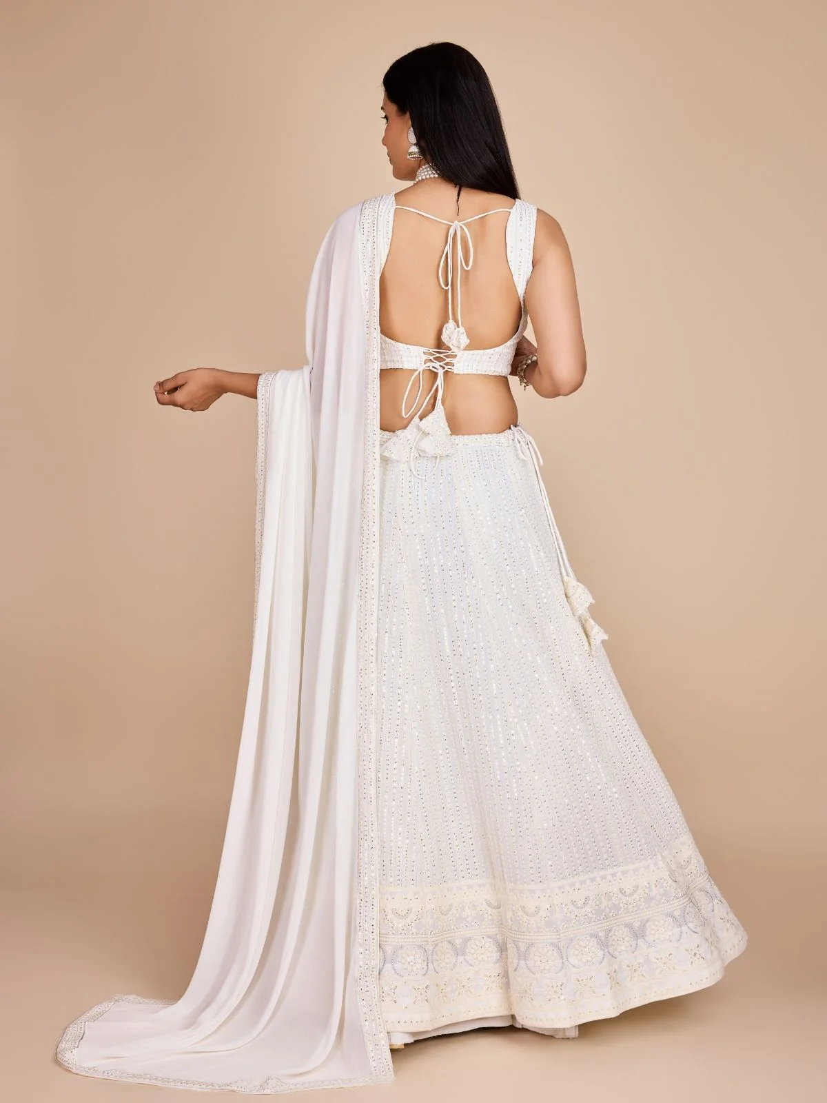 Odette White Georgette Embroidered Semi-Stitched Lehenga For Women - Image 2