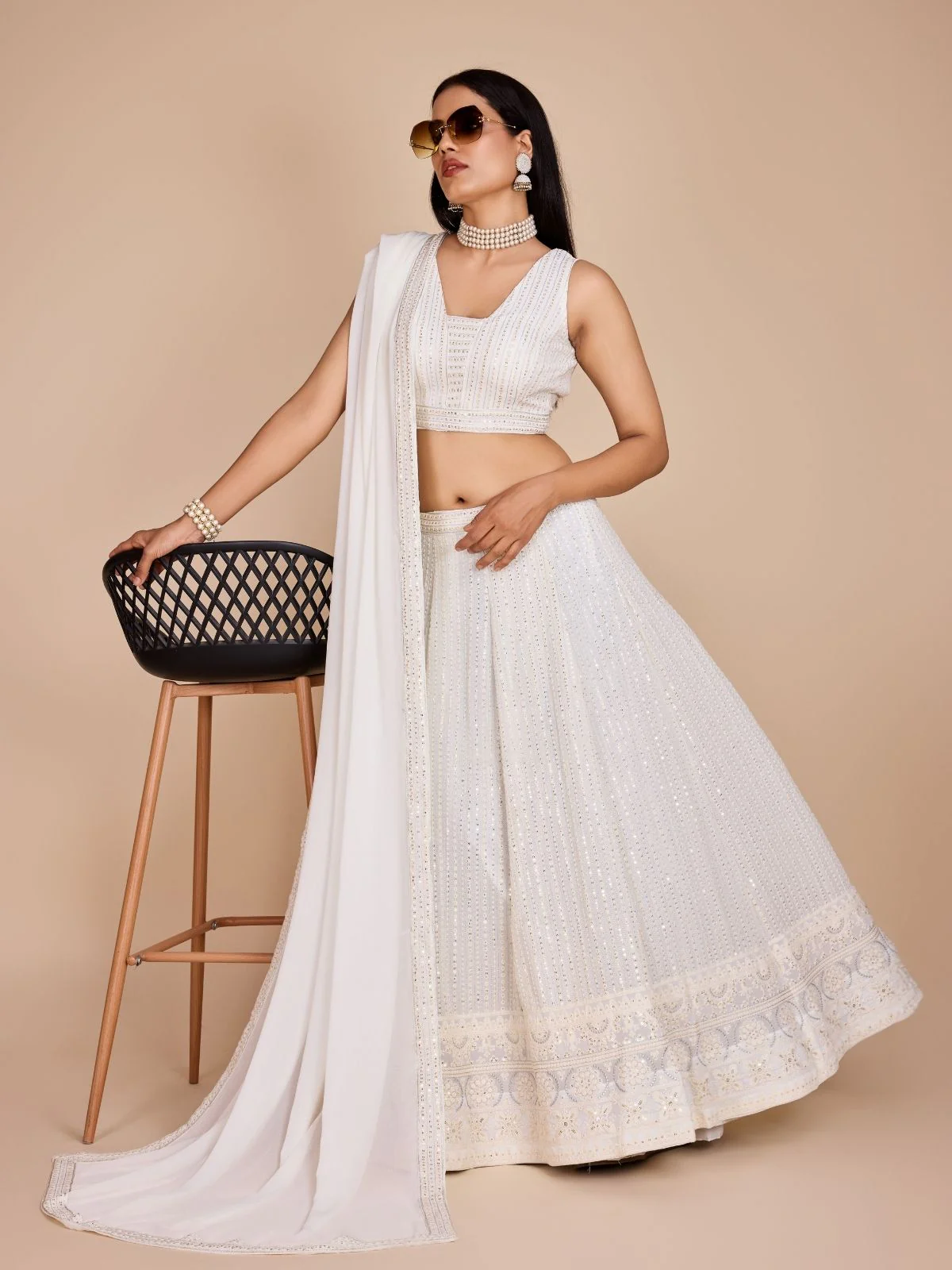 Odette White Georgette Embroidered Semi-Stitched Lehenga For Women - Image 3