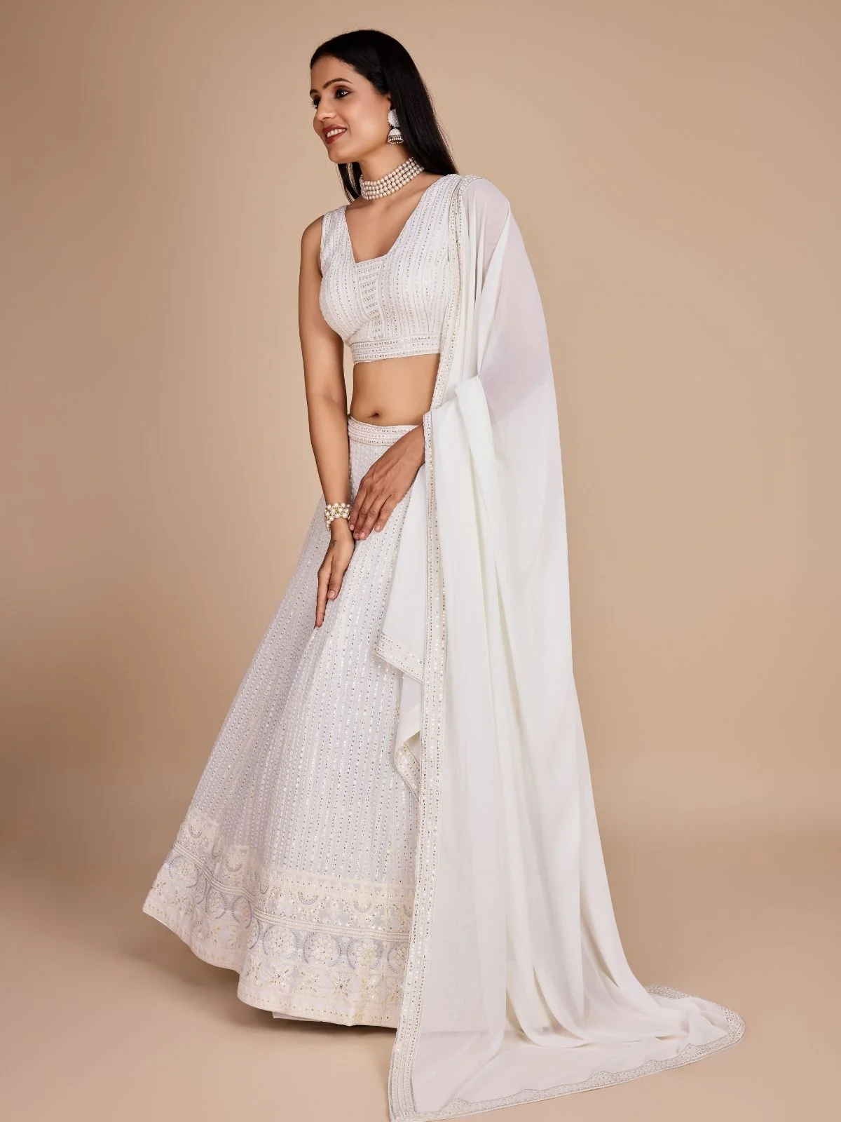 Odette White Georgette Embroidered Semi-Stitched Lehenga For Women - Image 4