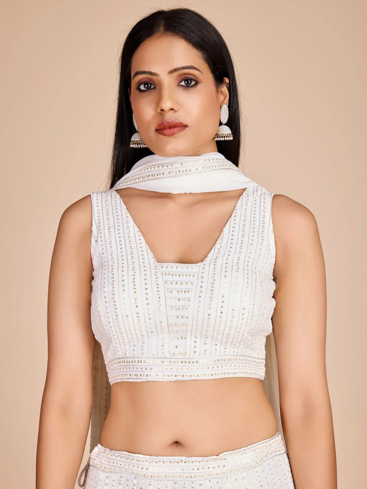 Odette White Georgette Embroidered Semi-Stitched Lehenga For Women - Image 5