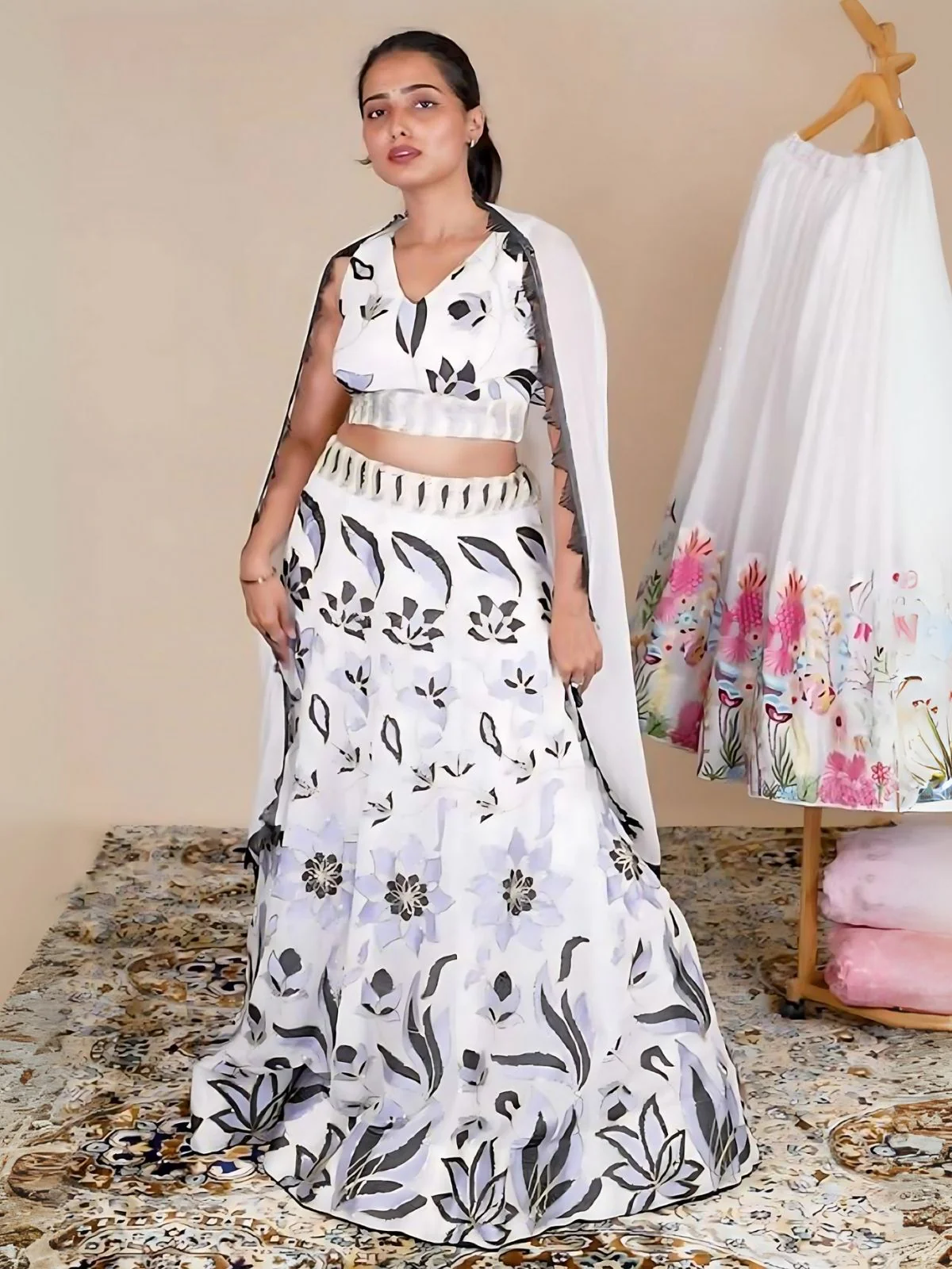 Odette White Georgette Embroidered Semi-Stitched Lehenga For Women