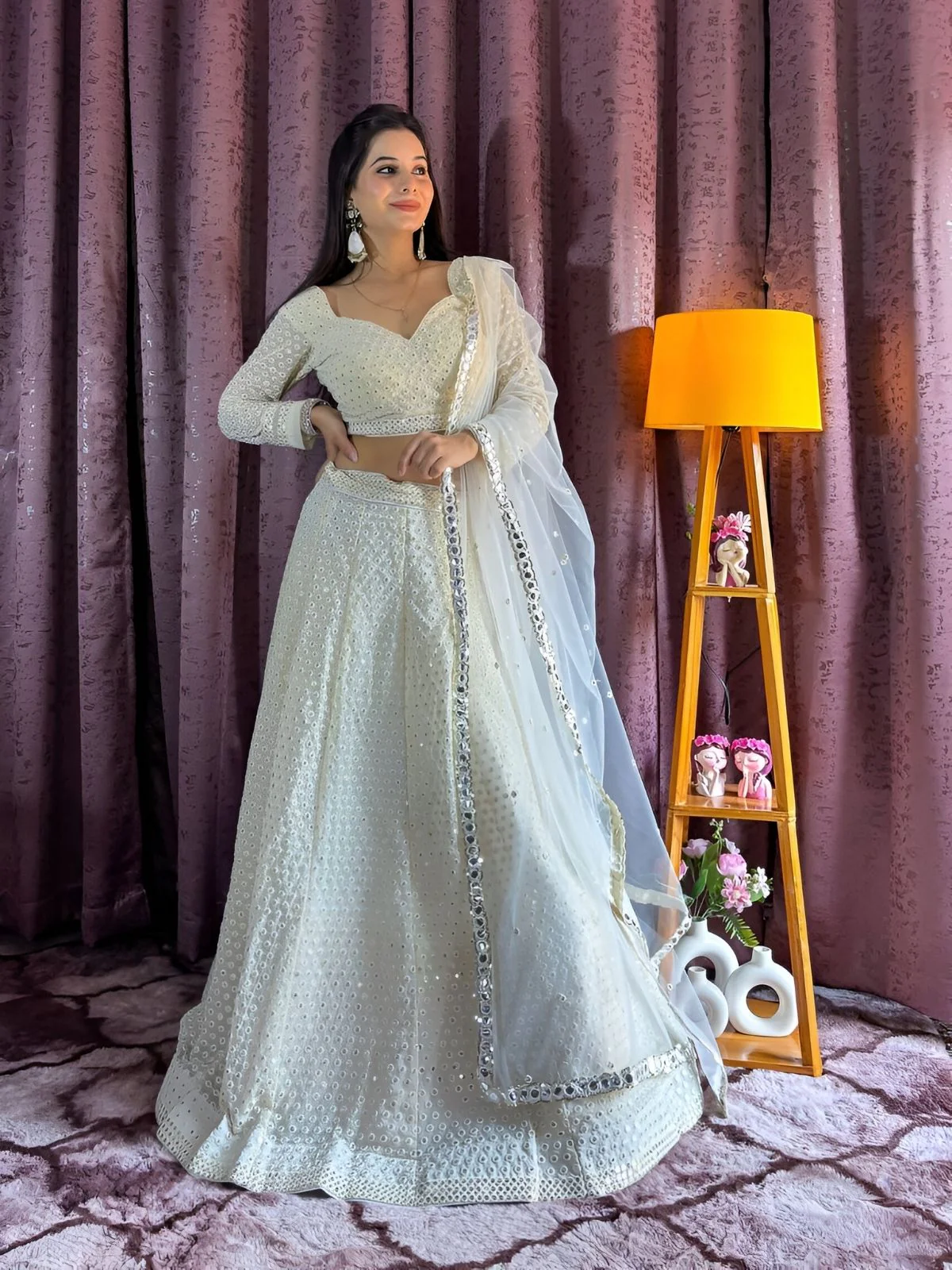 Odette White Georgette Mirror Work Semi-Stitched lehenga For Women