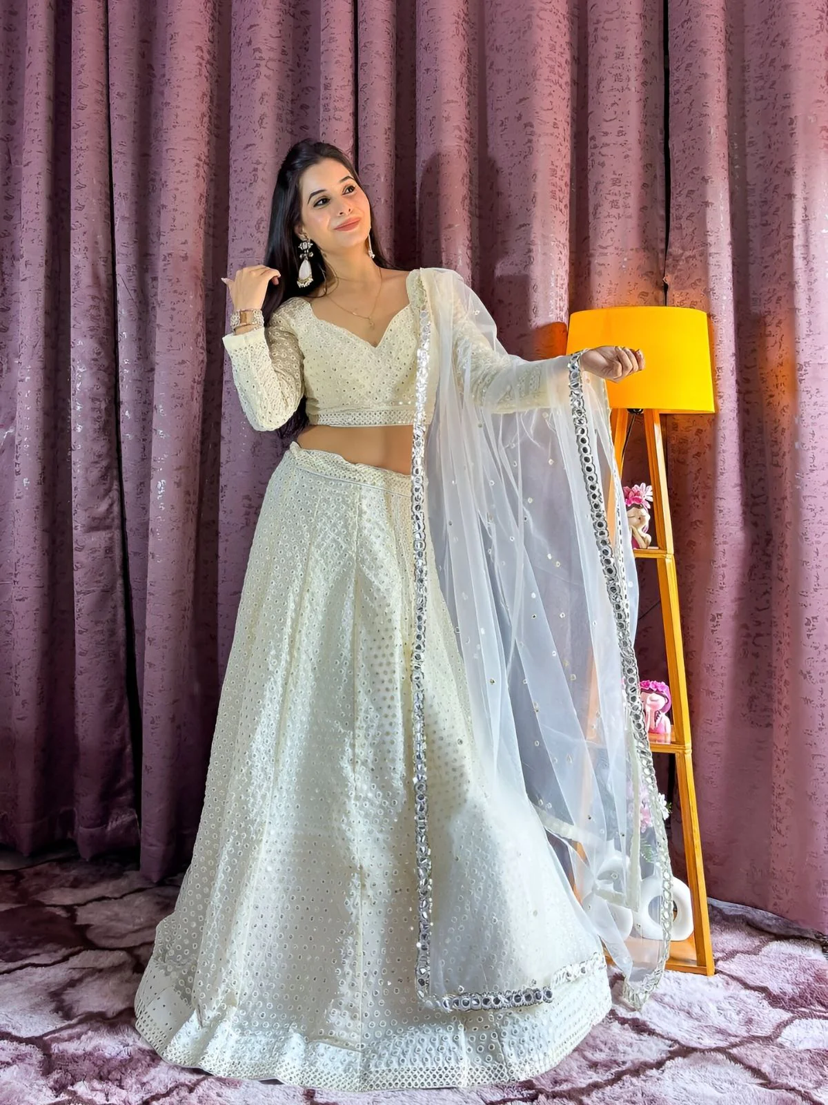 Odette White Georgette Mirror Work Semi-Stitched lehenga For Women - Image 2