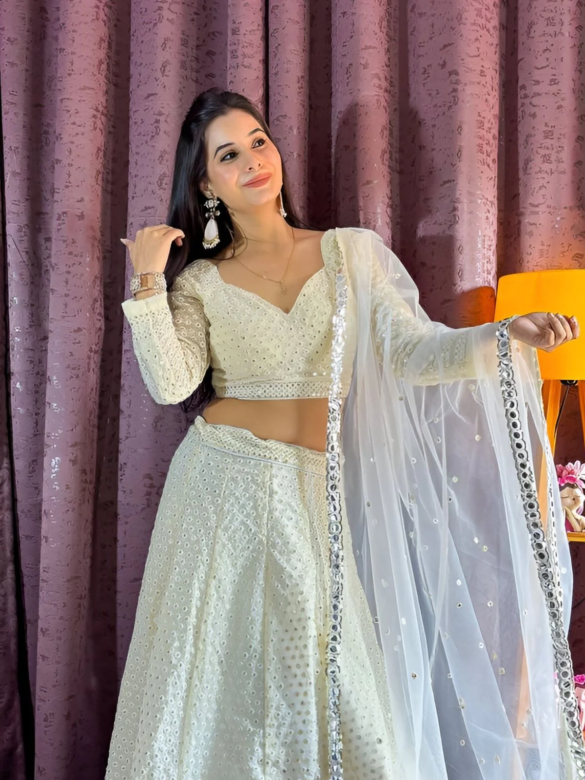 Odette White Georgette Mirror Work Semi-Stitched lehenga For Women - Image 4