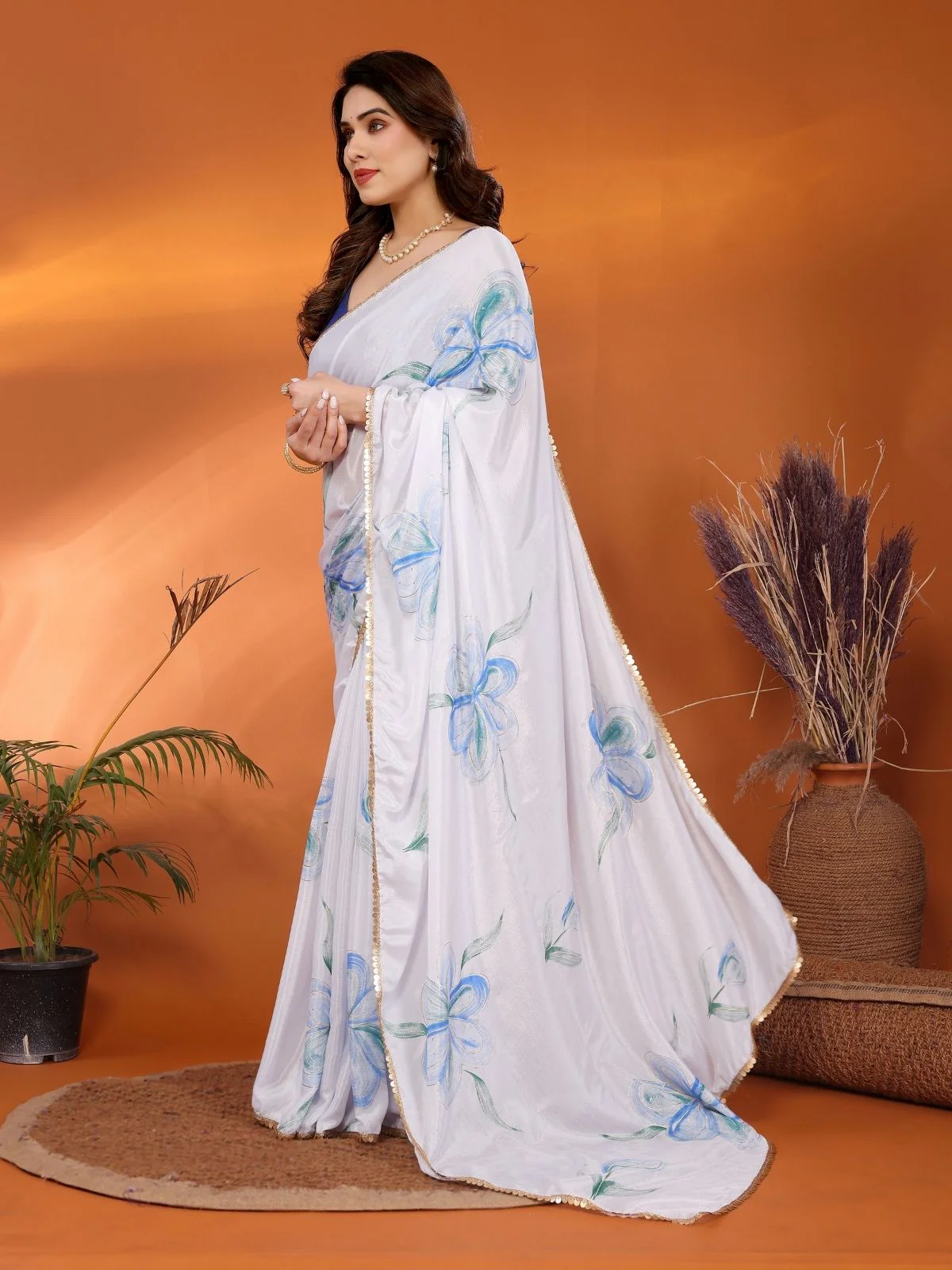 Odette White Georgette Printed Saree For Women - Image 2
