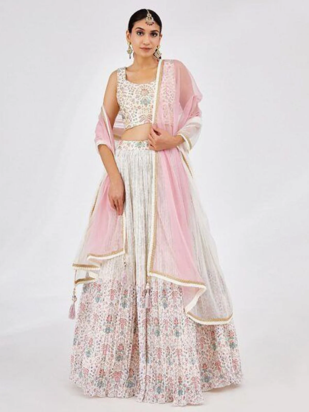 Odette White Georgette Printed Semi Stitched Lehenga For Women