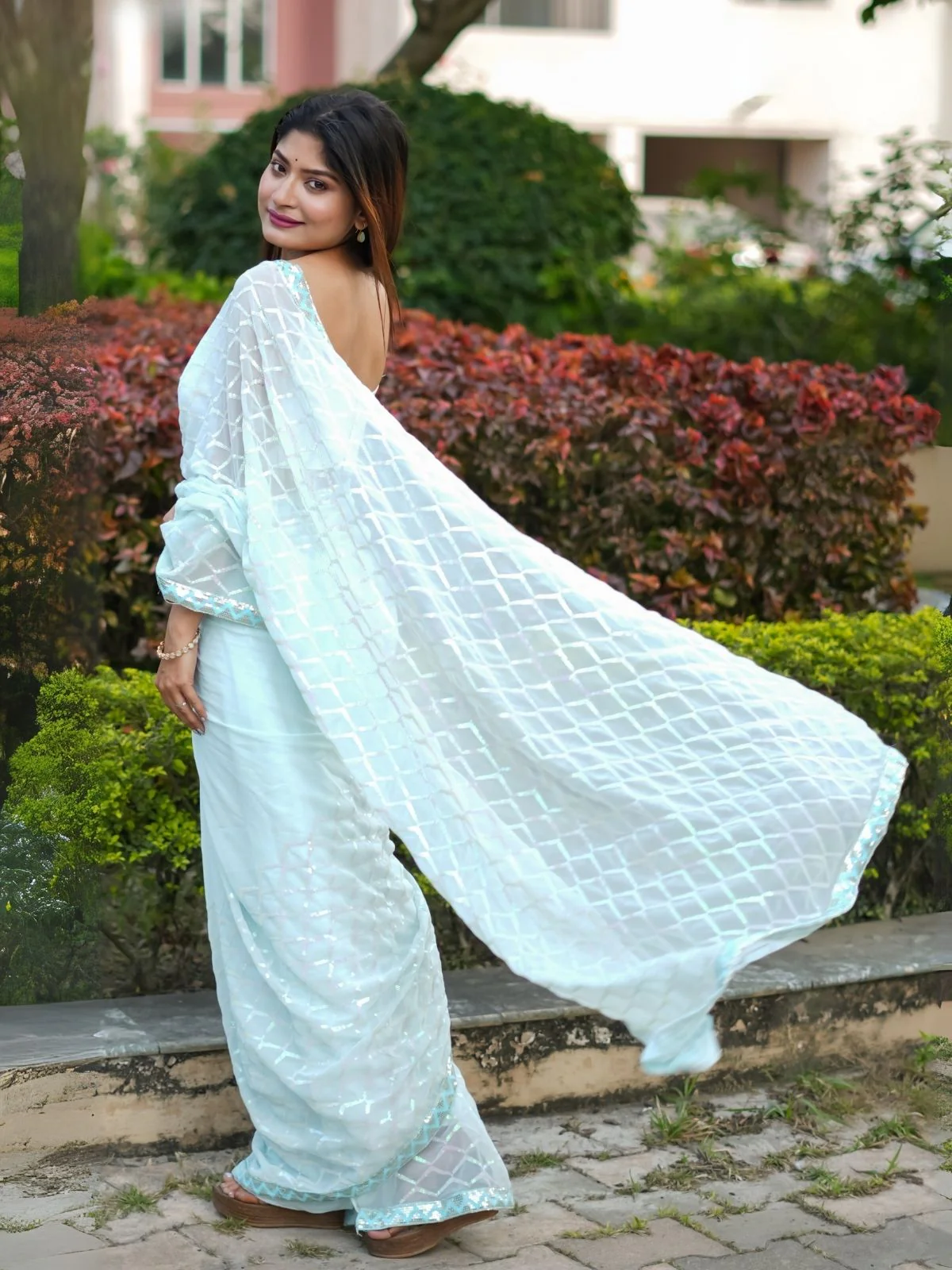 Odette White Georgette Sequins Saree With Unstitched Blouse For Women - Image 2