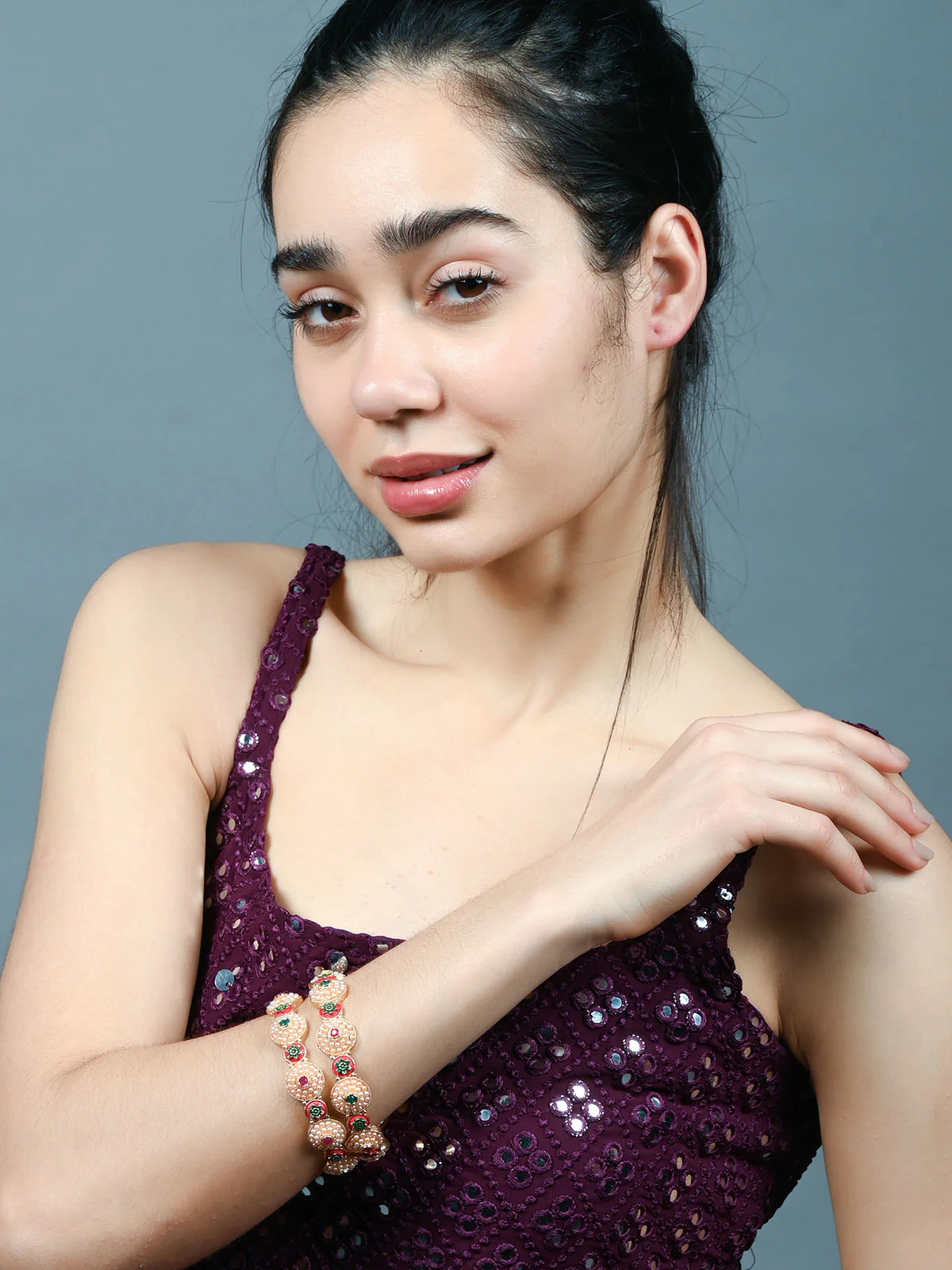 Odette White & Golden Alloy Embellished Bangles For Women