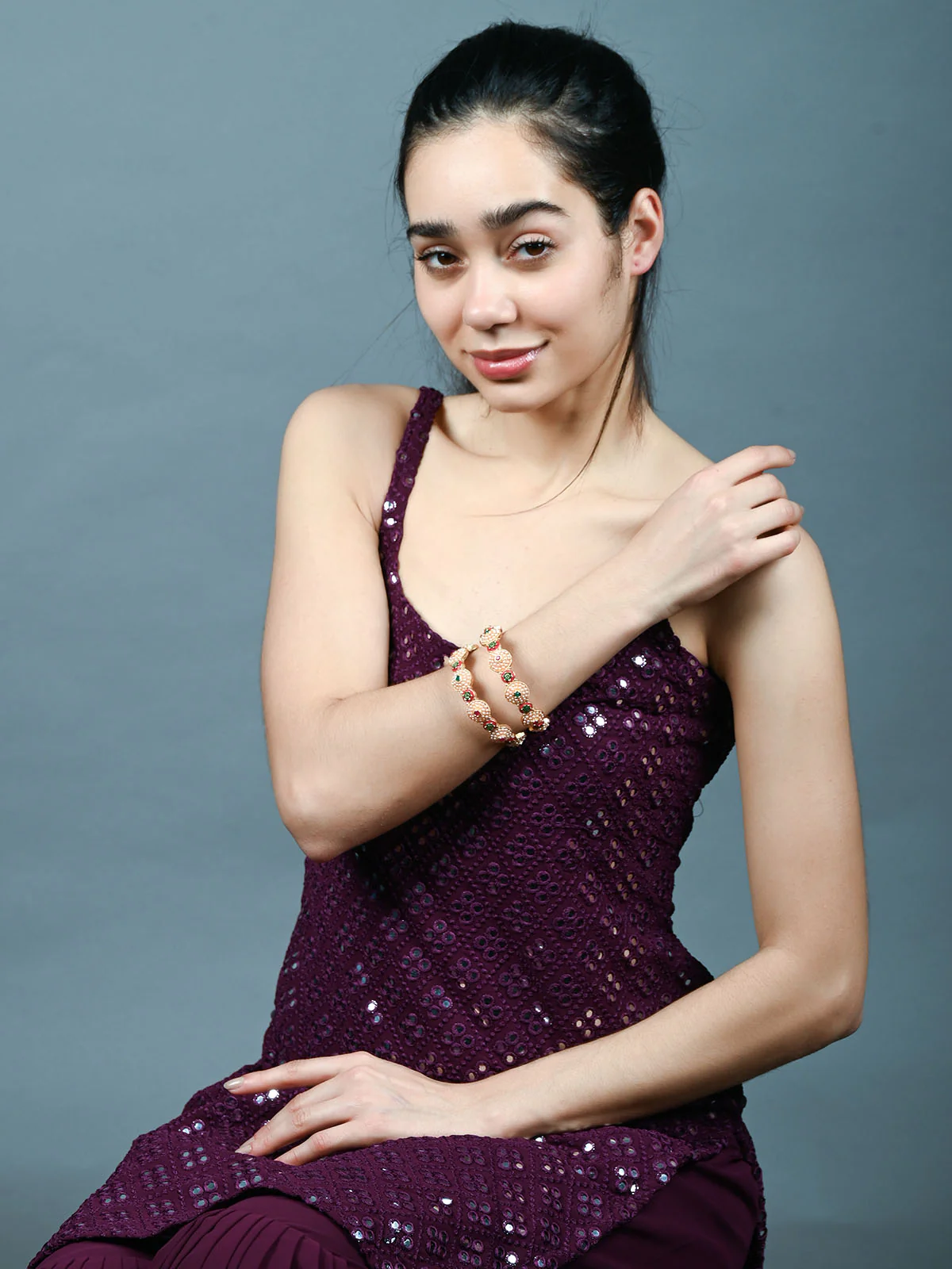 Odette White & Golden Alloy Embellished Bangles For Women - Image 2