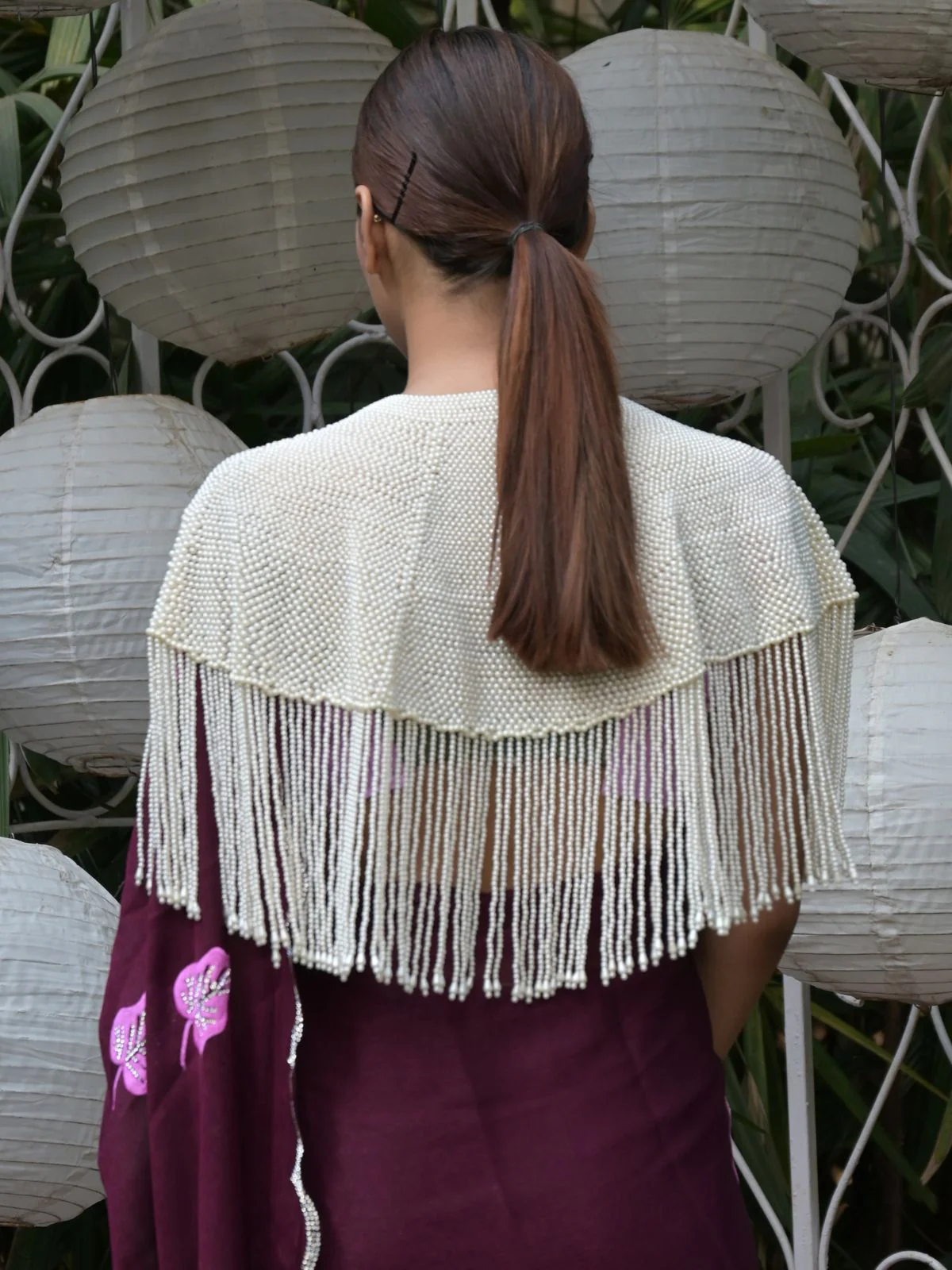 Odette White Heavy Pearl Embellished Tassels Cape for Women - Image 3