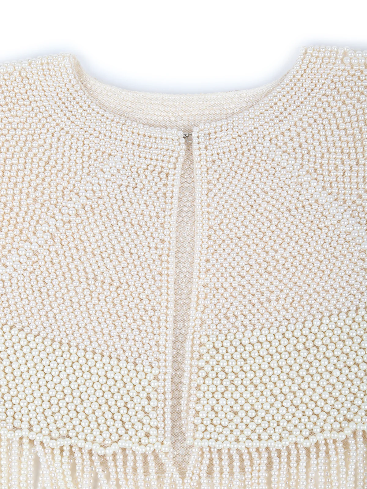 Odette White Heavy Pearl Embellished Tassels Cape for Women - Image 4
