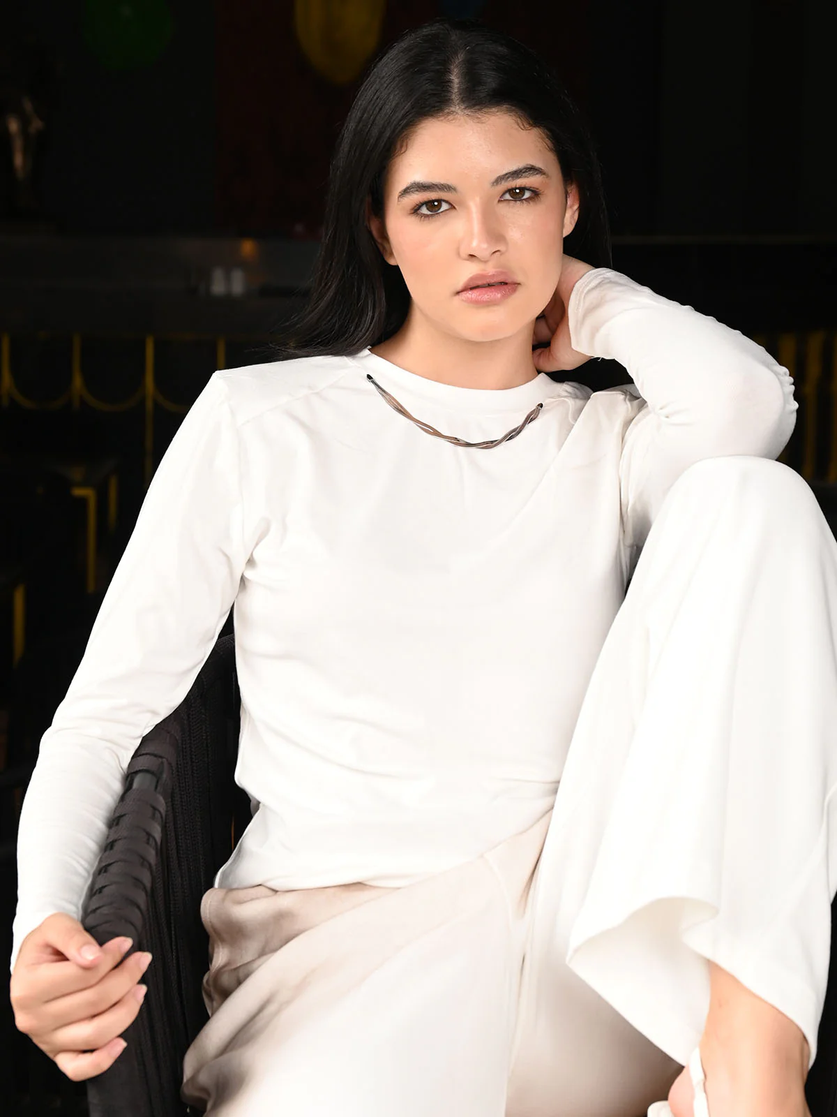 Odette White Jersey Embellished Full Sleeves Top For Women - Image 2