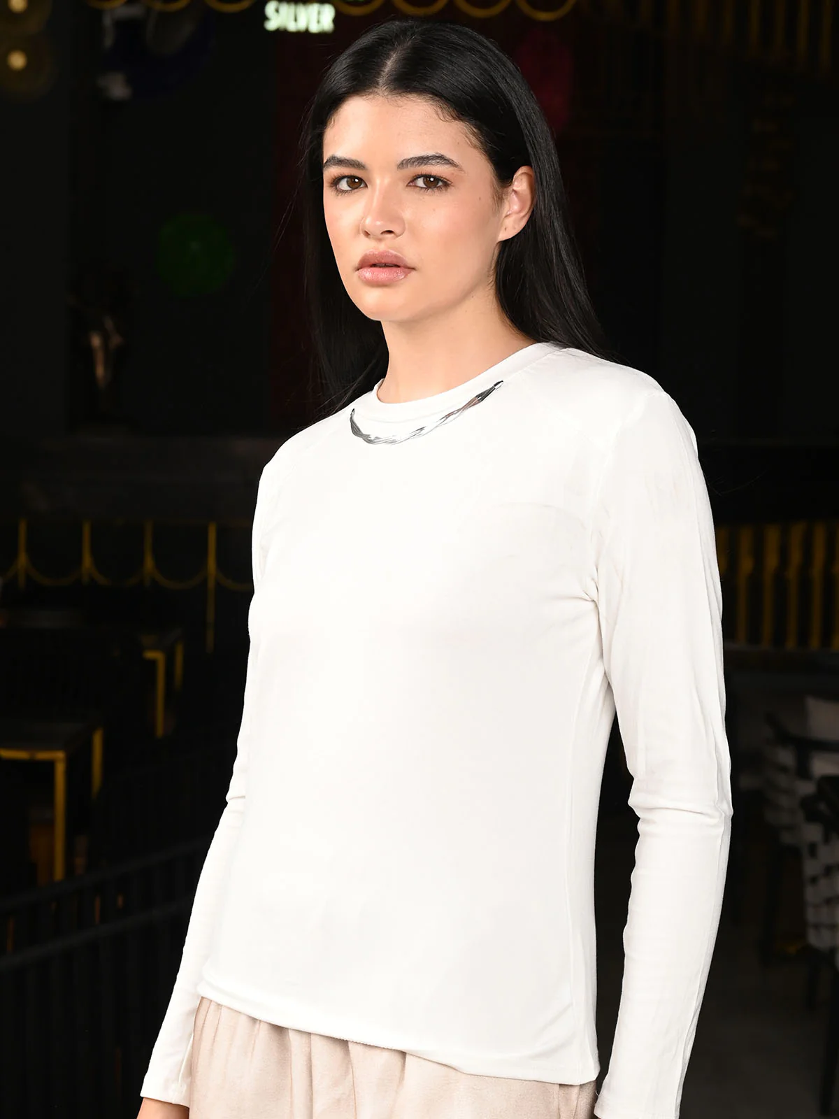 Odette White Jersey Embellished Full Sleeves Top For Women - Image 4