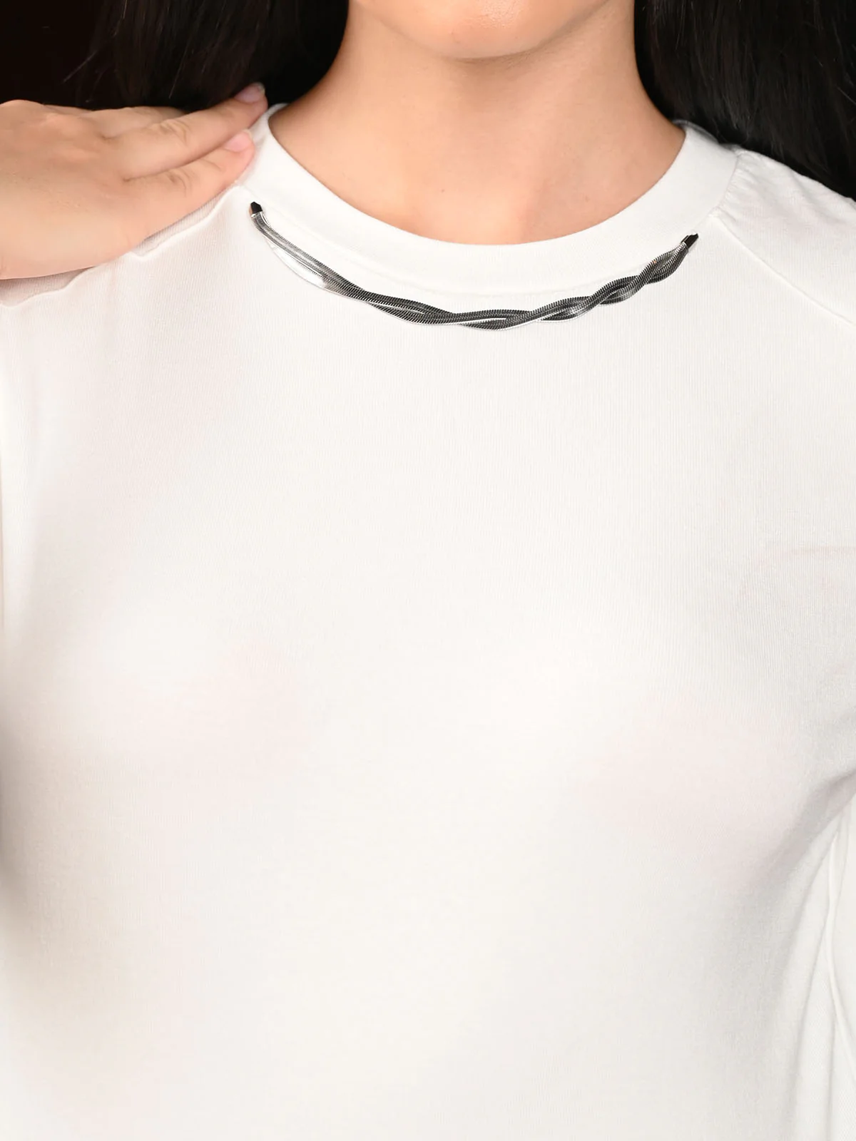 Odette White Jersey Embellished Full Sleeves Top For Women - Image 6