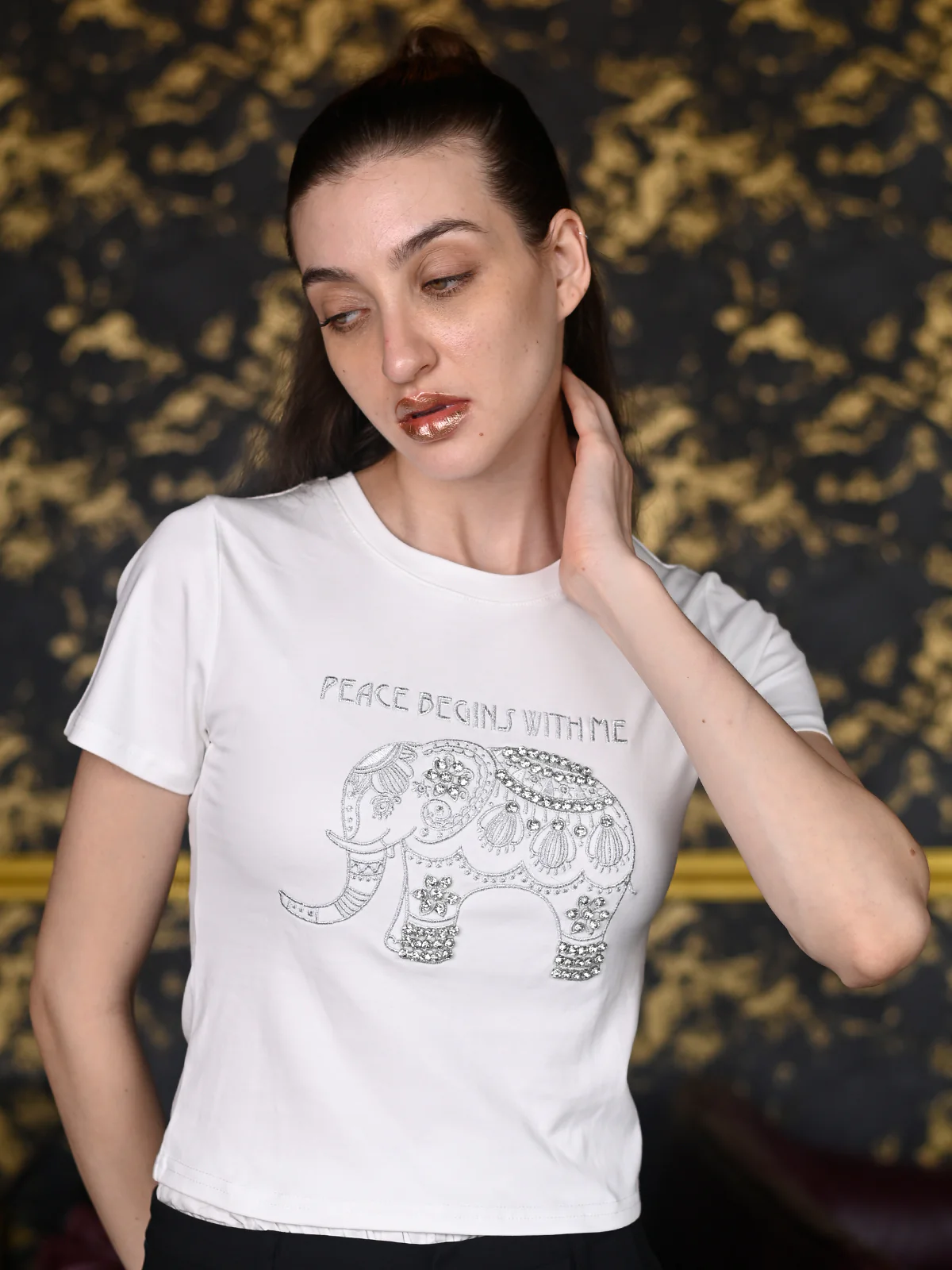 Odette White Light Rib Printed Crop Top For Women - Image 3