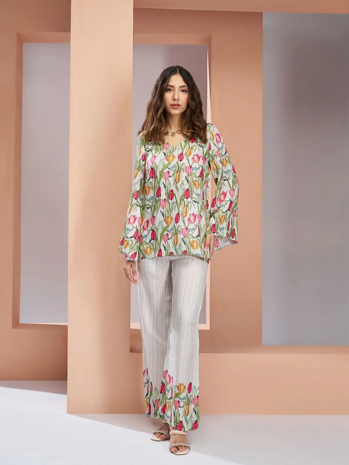 Odette White Linen Printed Stitched Co-Ord Set For Women