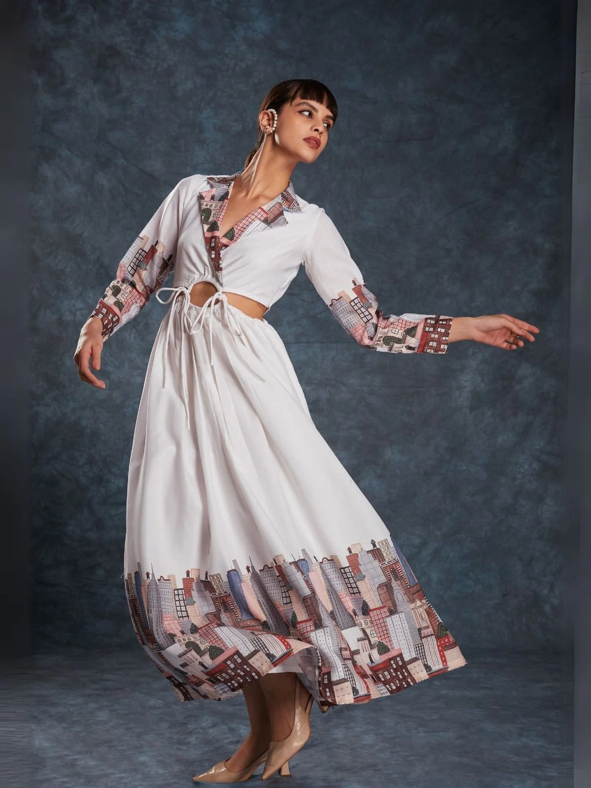 Odette White Linen Printed Stitched Dress For Women - Image 2