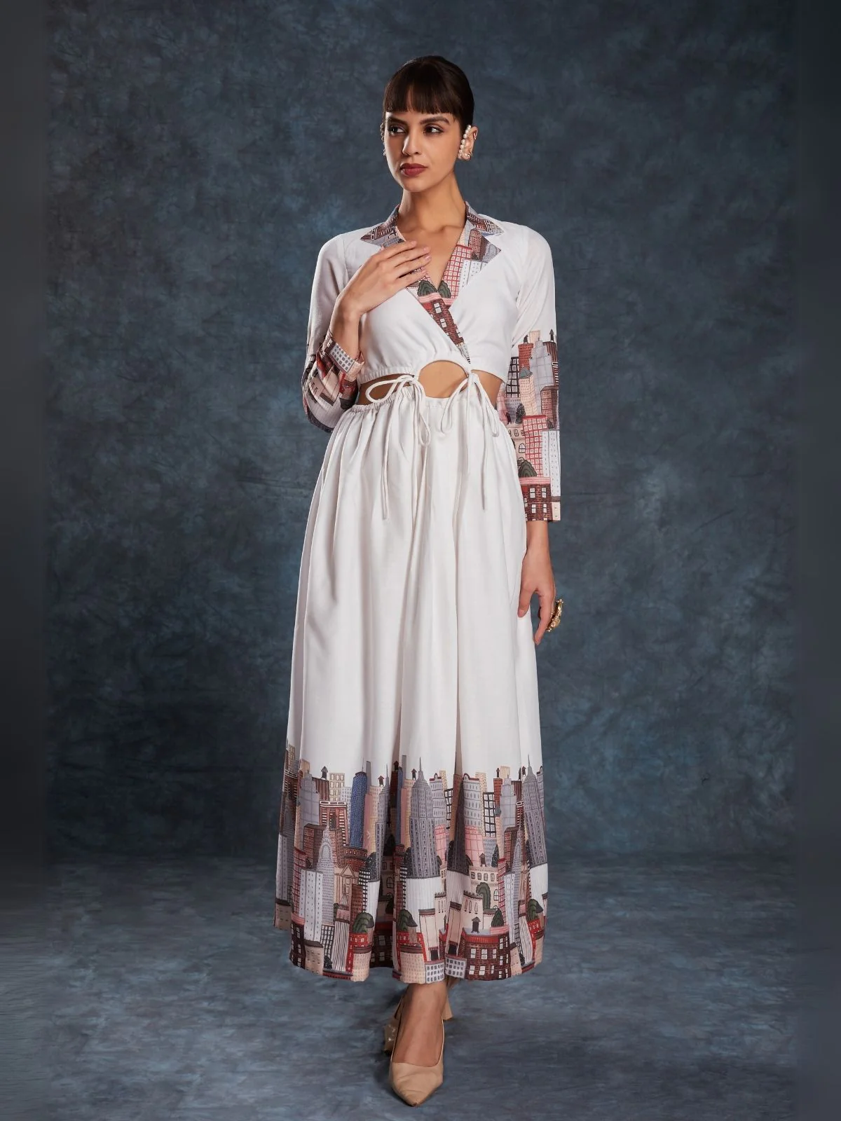 Odette White Linen Printed Stitched Dress For Women - Image 3