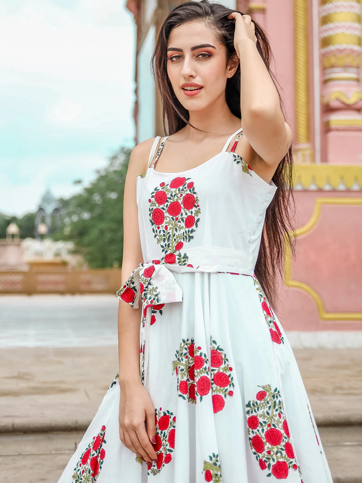 Odette White Muslin Printed Stitched Gown for Women - Image 4