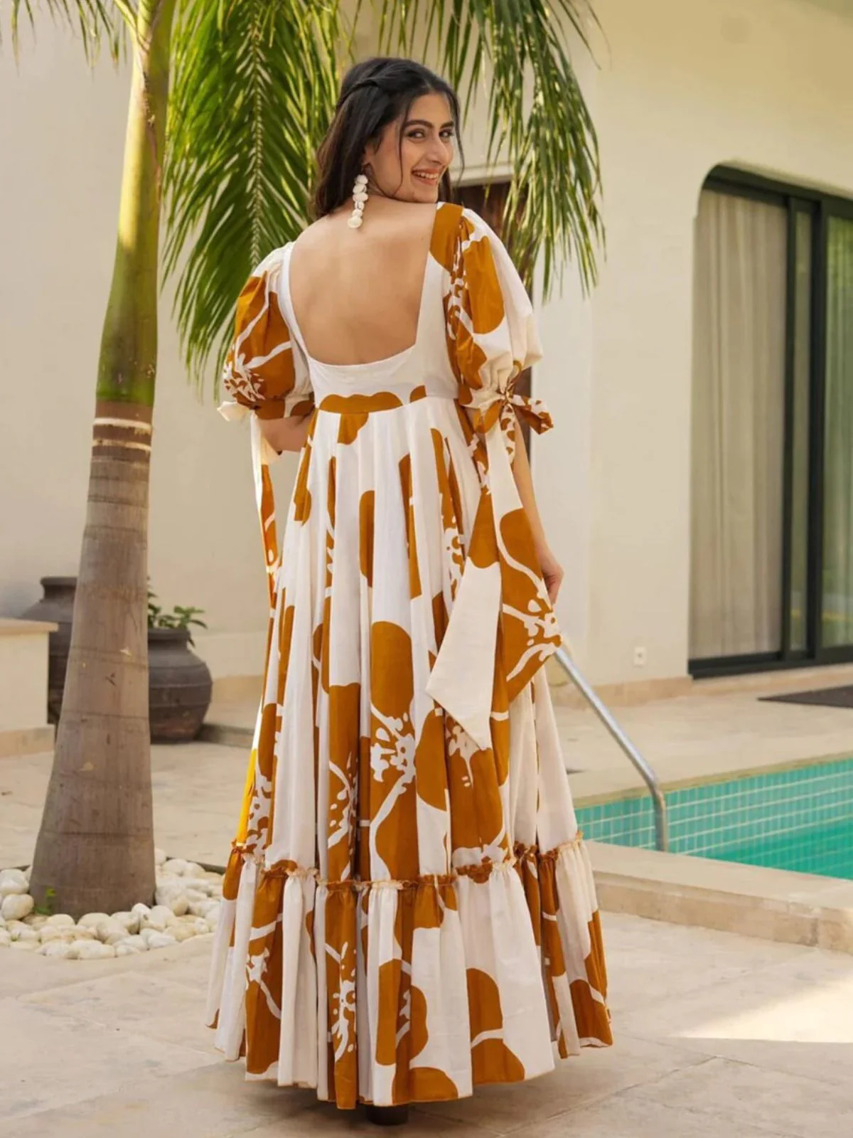 Odette White & Mustard Cotton Blend Digital Printed Stitched Gown For Women - Image 4