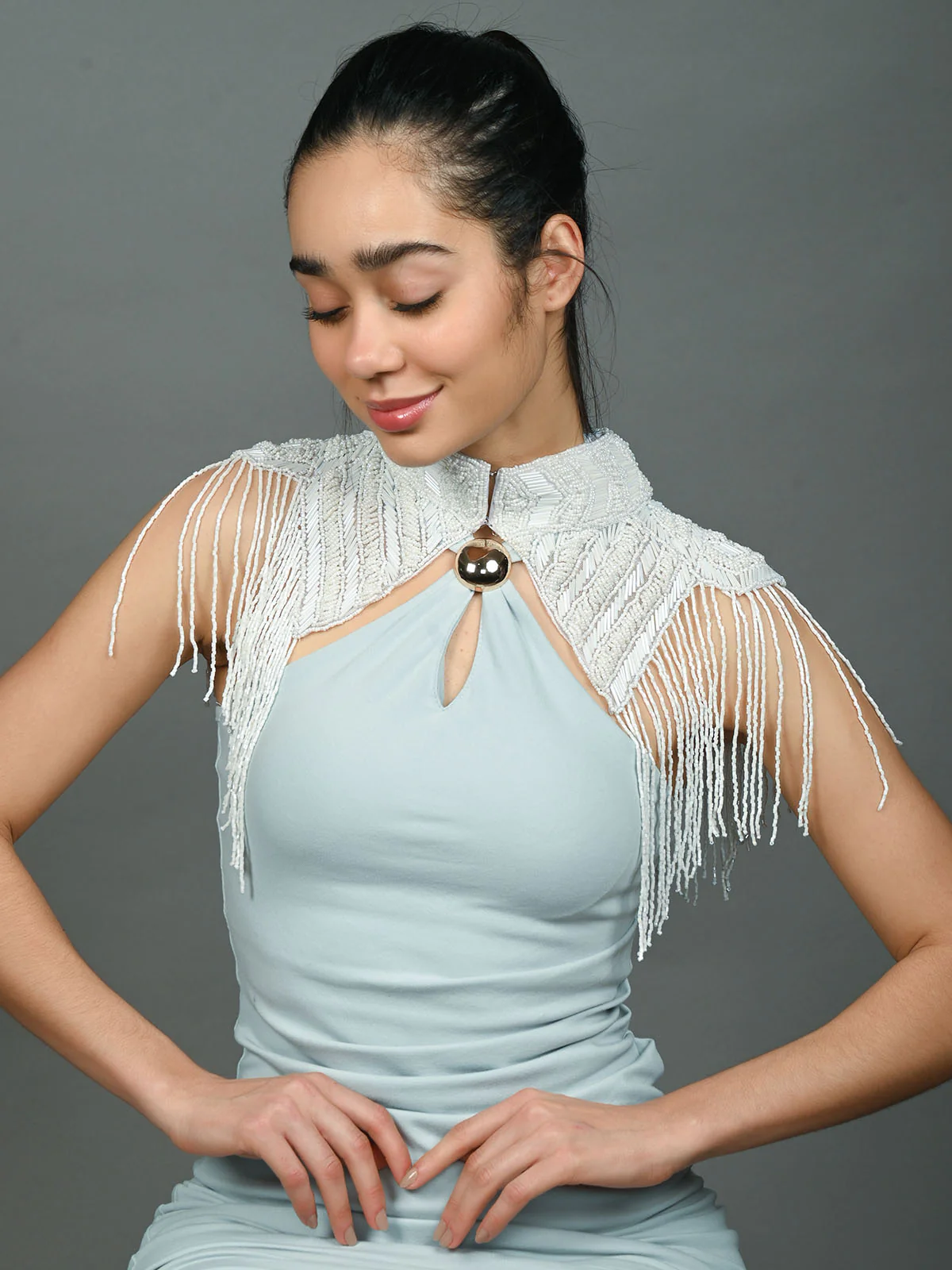 Odette White Net Embellished Cape For Women - Image 2