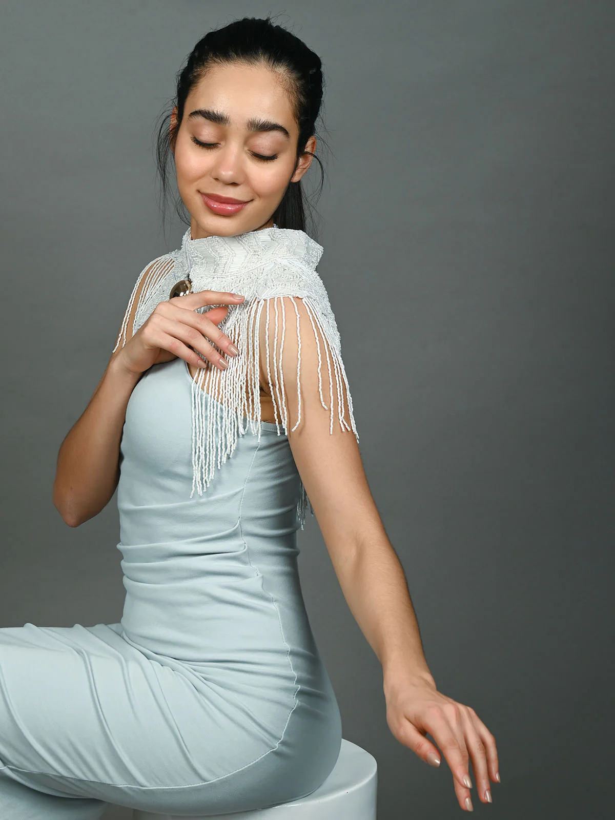 Odette White Net Embellished Cape For Women - Image 3