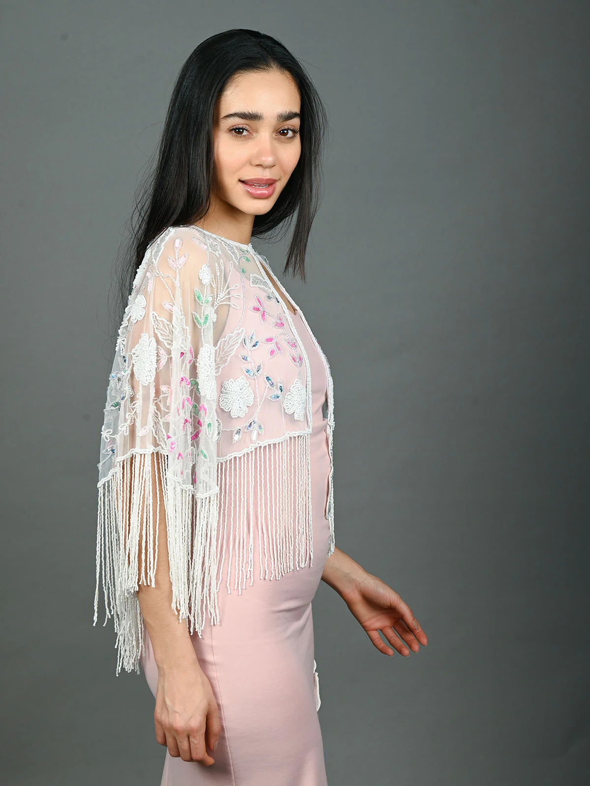Odette White Net Embellished Cape For Women - Image 3