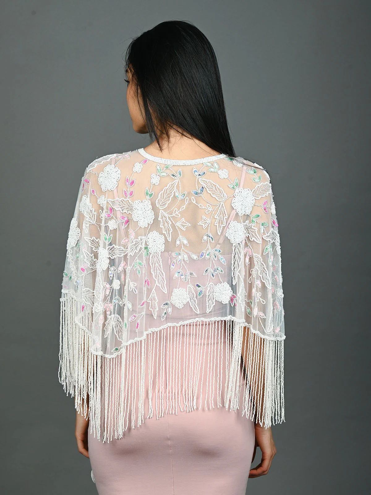 Odette White Net Embellished Cape For Women - Image 4