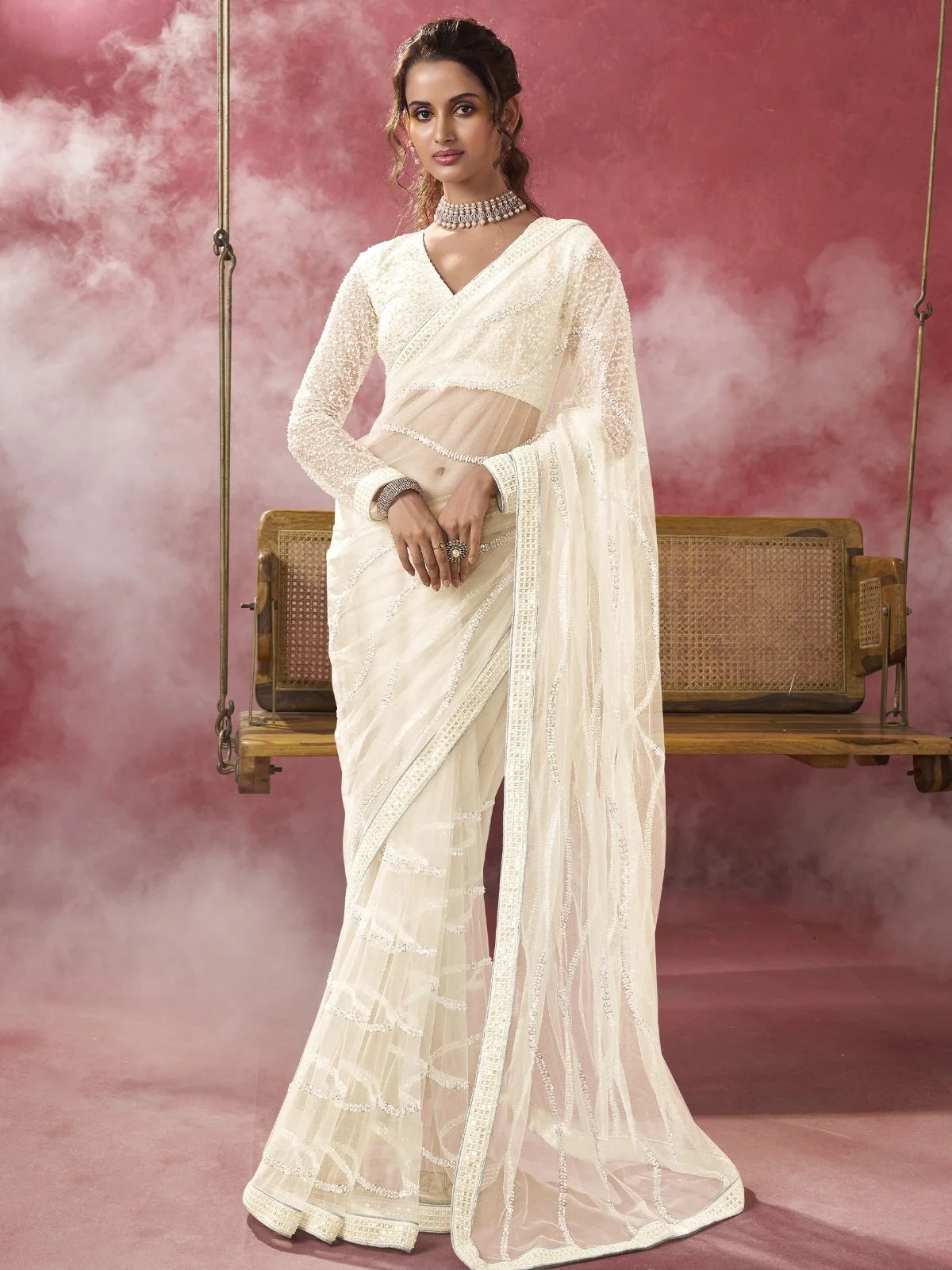 Odette White Net Embellished Elegant Saree For Women