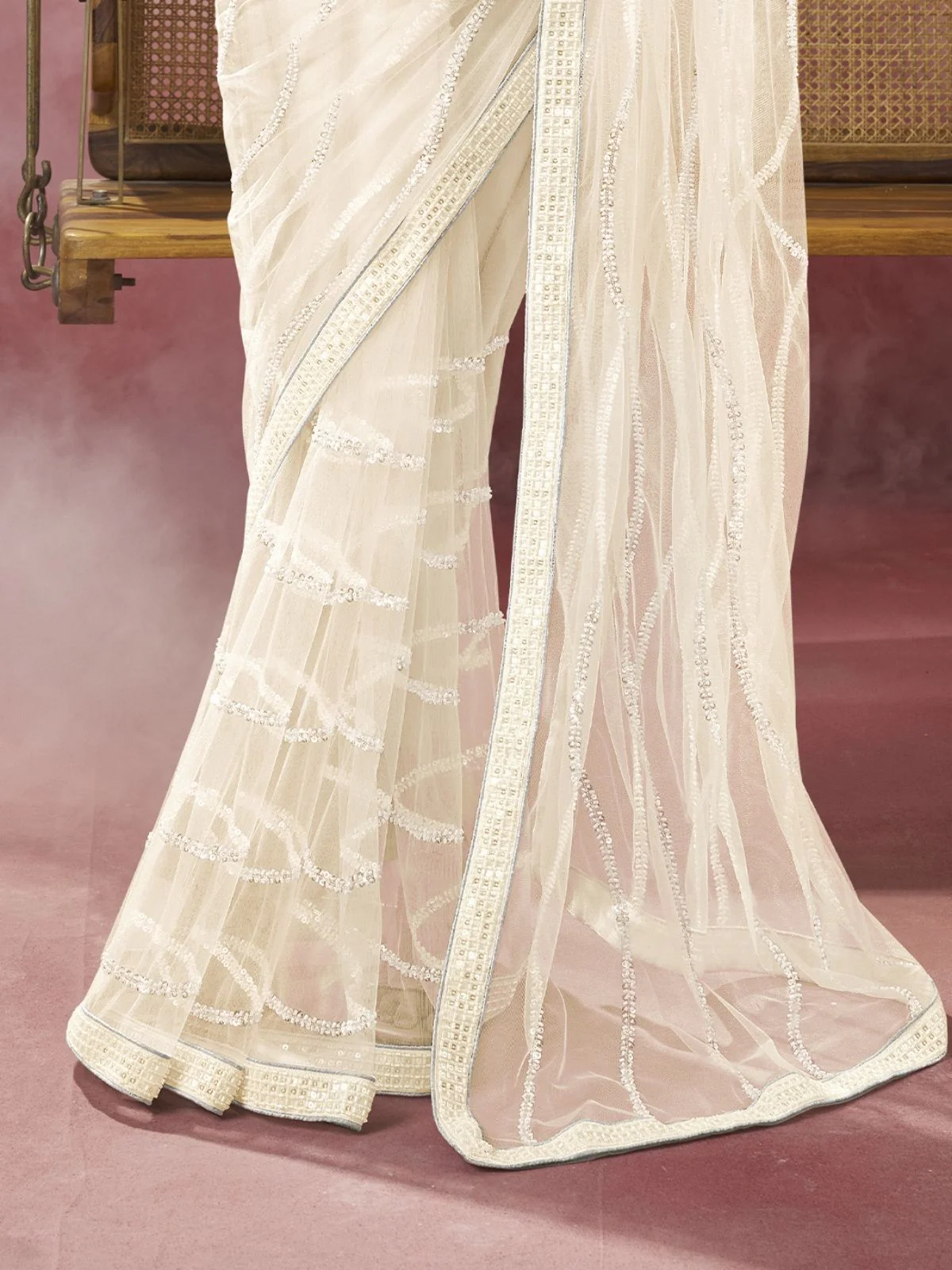 Odette White Net Embellished Elegant Saree For Women - Image 3