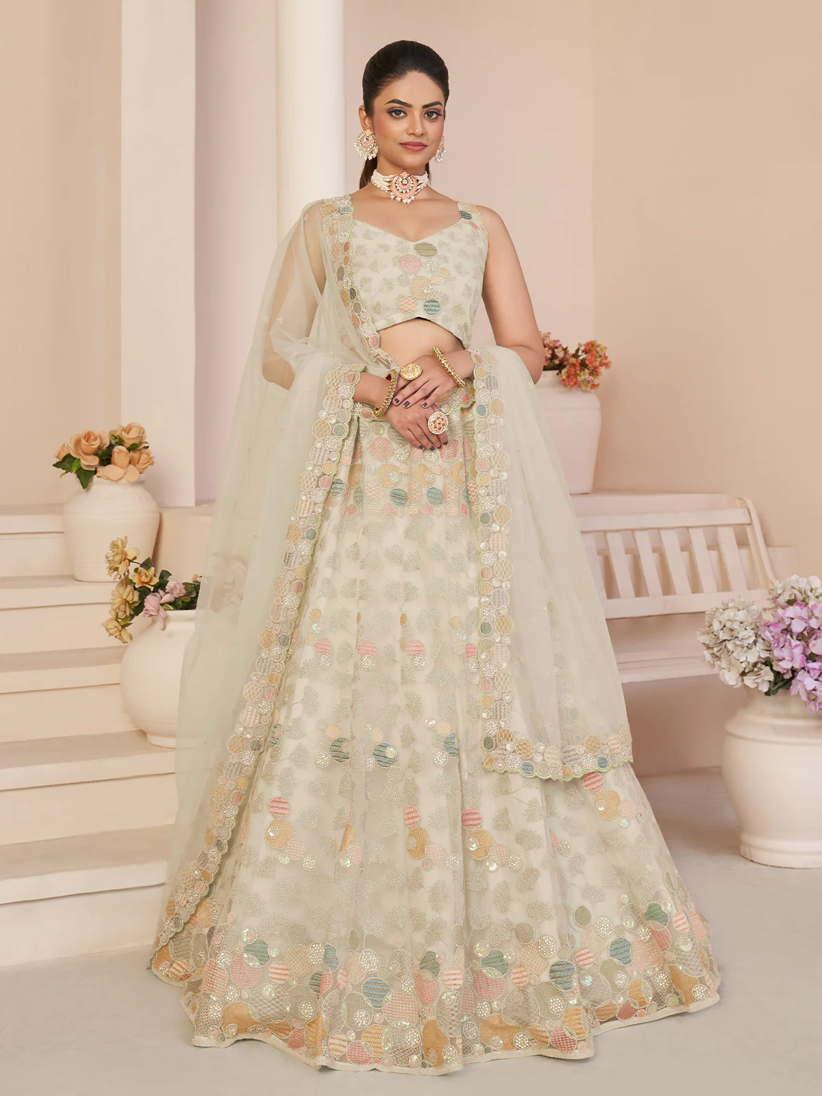 Odette White Net Embellished Semi Stitched Lehenga With Unstitched Blouse for Women - Image 2