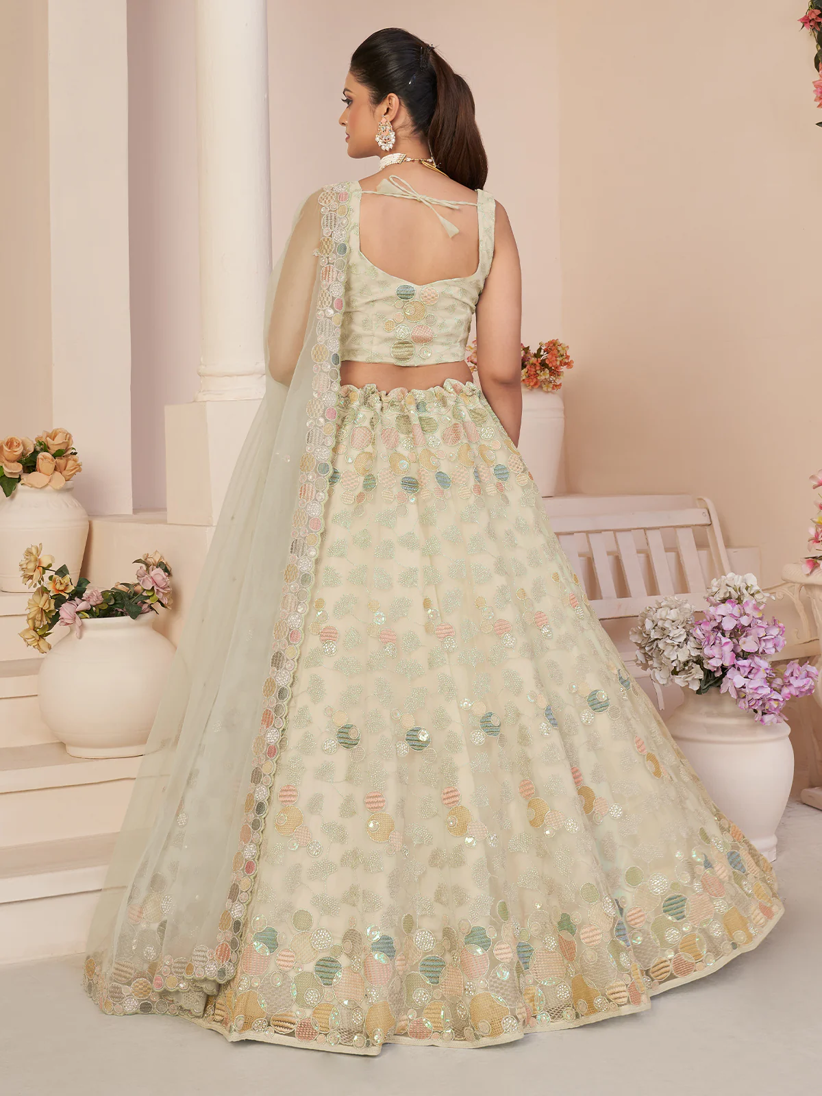 Odette White Net Embellished Semi Stitched Lehenga With Unstitched Blouse for Women - Image 3